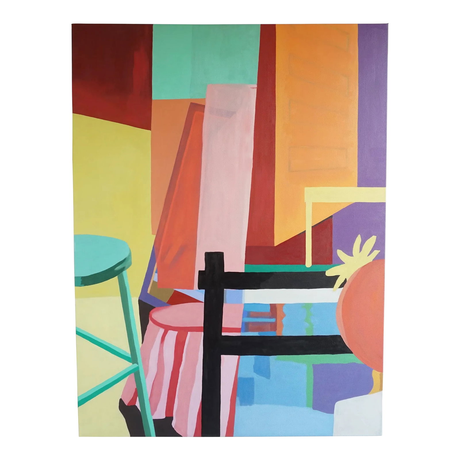 Contemporary Abstract Painting *Interior With Black Chair": I often use several sketchbook ideas in one painting. I added shapes from an interior and city drawing until it became an interesting composition. There is a partial self-portrait wearing a pink hat, 