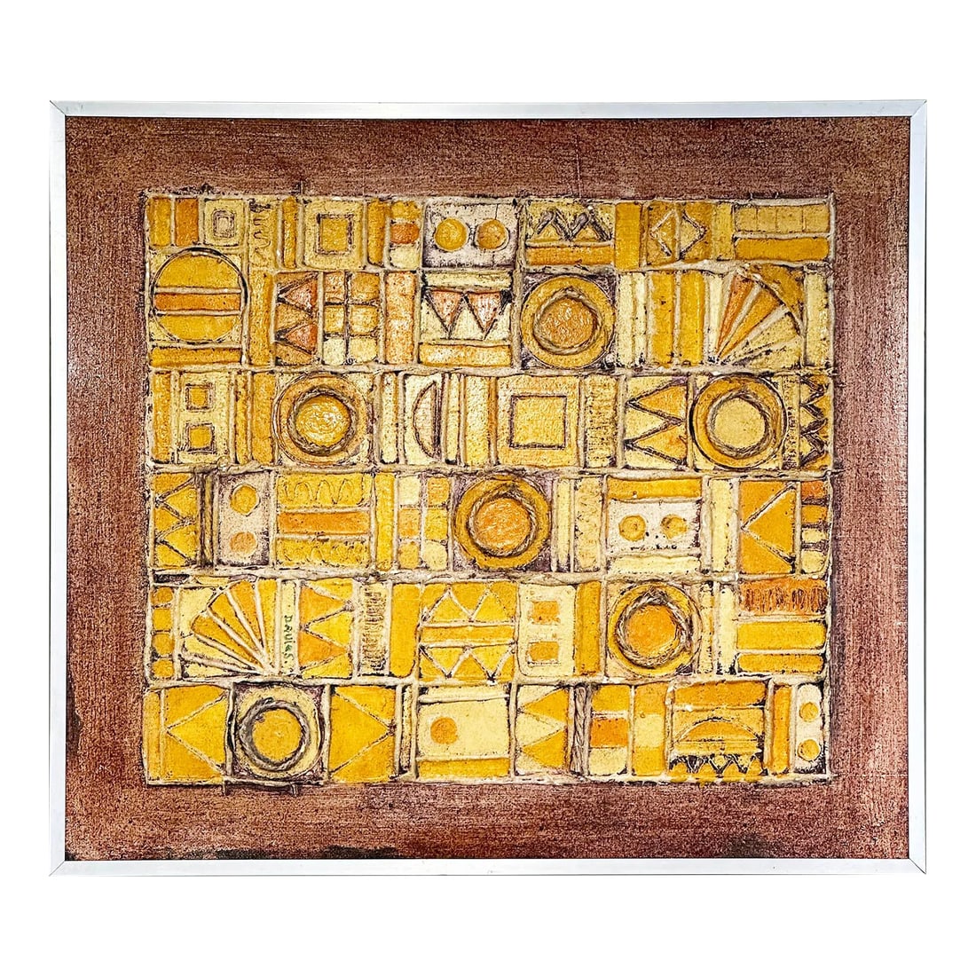 Mid-Century Abstract Bas Relief Painting: Offered here is a remarkable original bas relief in plaster, found objects, and oil paint. It is signed "Davies" and undated. This color and style is typical of the Mid-Century. It is reminiscent of