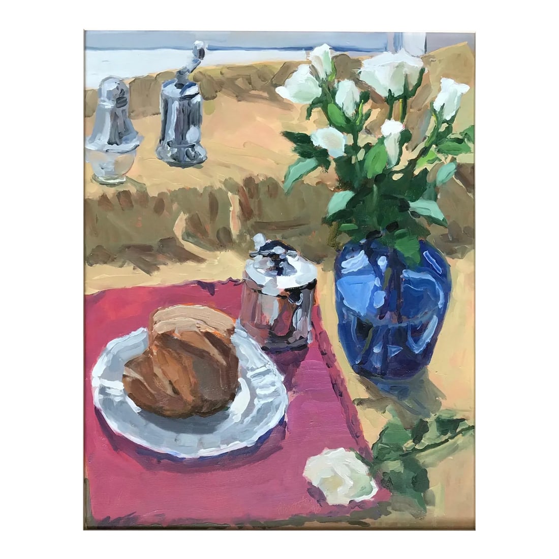 Still Life Painting With White Roses, Blue Glass, and Silver: Edwin Bronstein's "White Roses, Blue Glass, and Silver" painting captures a table setting with vibrant colors and smooth brushstrokes. "Whites Roses, Blue Glass, and Silver" is a framed oil painting o