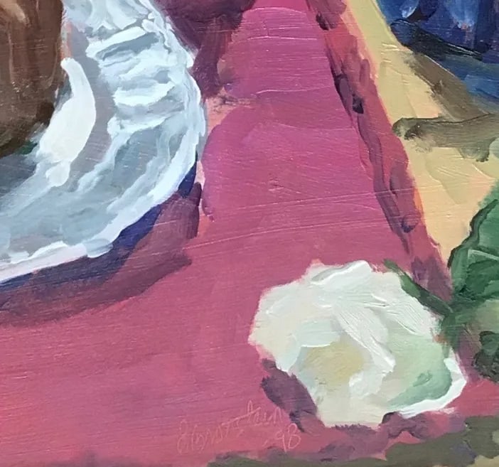 Still Life Painting With White Roses, Blue Glass, and Silver - 4