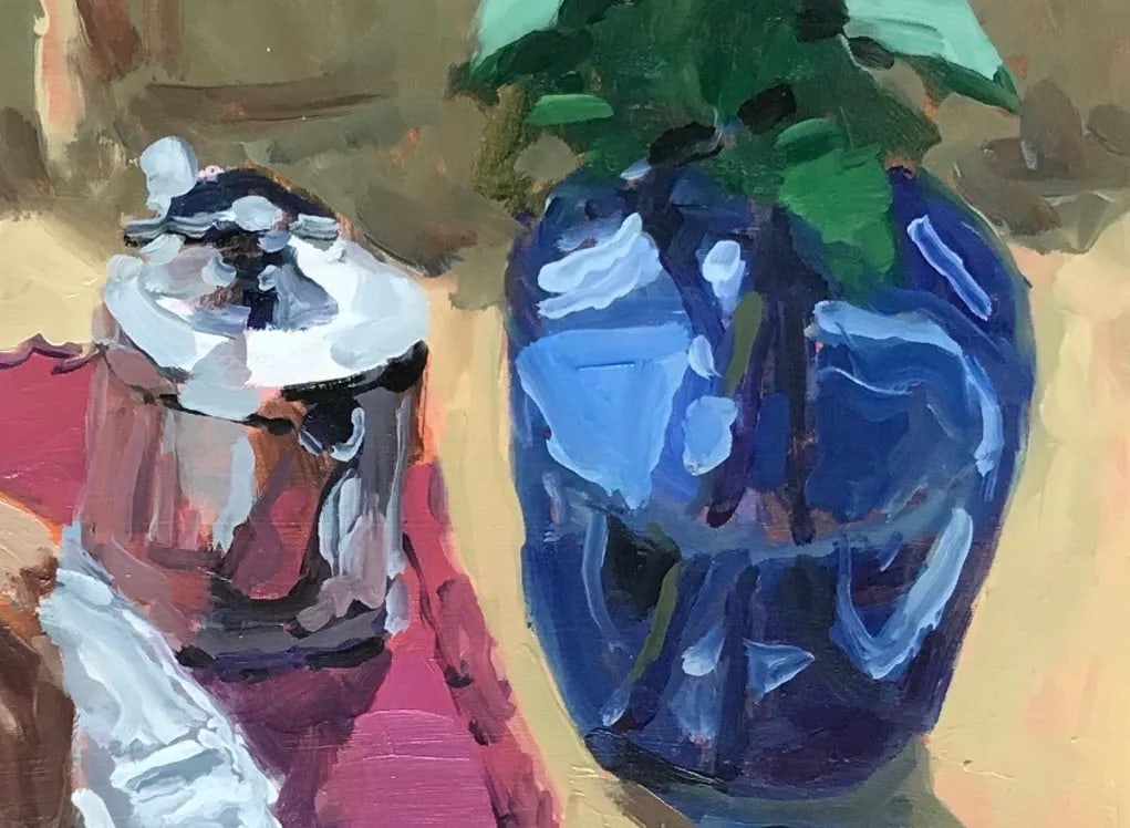 Still Life Painting With White Roses, Blue Glass, and Silver - 5
