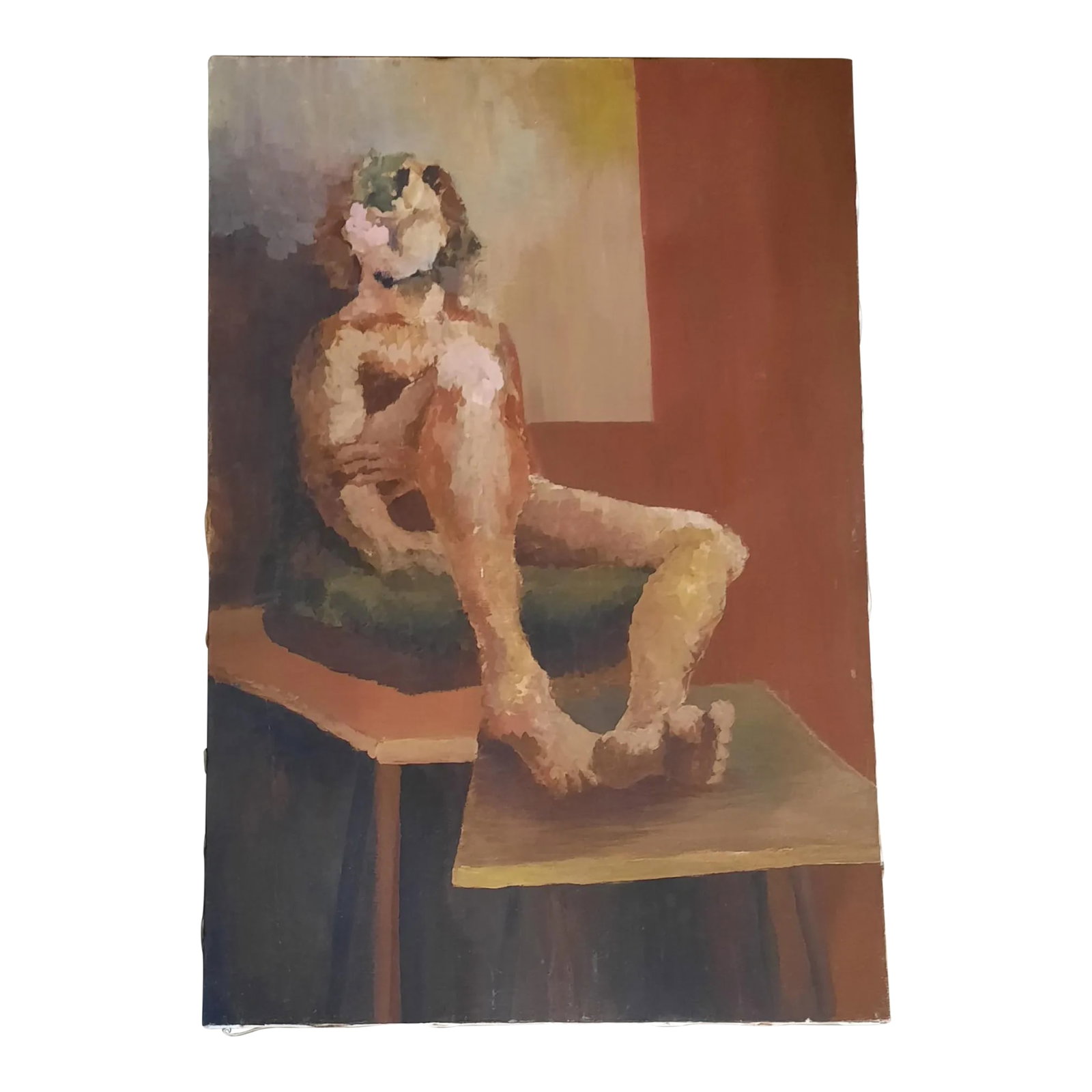 Abstract Sitting Figurative Painting: Market found, I love the obscure nature of this Abstract sitting figure in autumnal earthy colors of acrylic paint on canvas, unframed and unsigned. Condition: Alterations: Original Condition