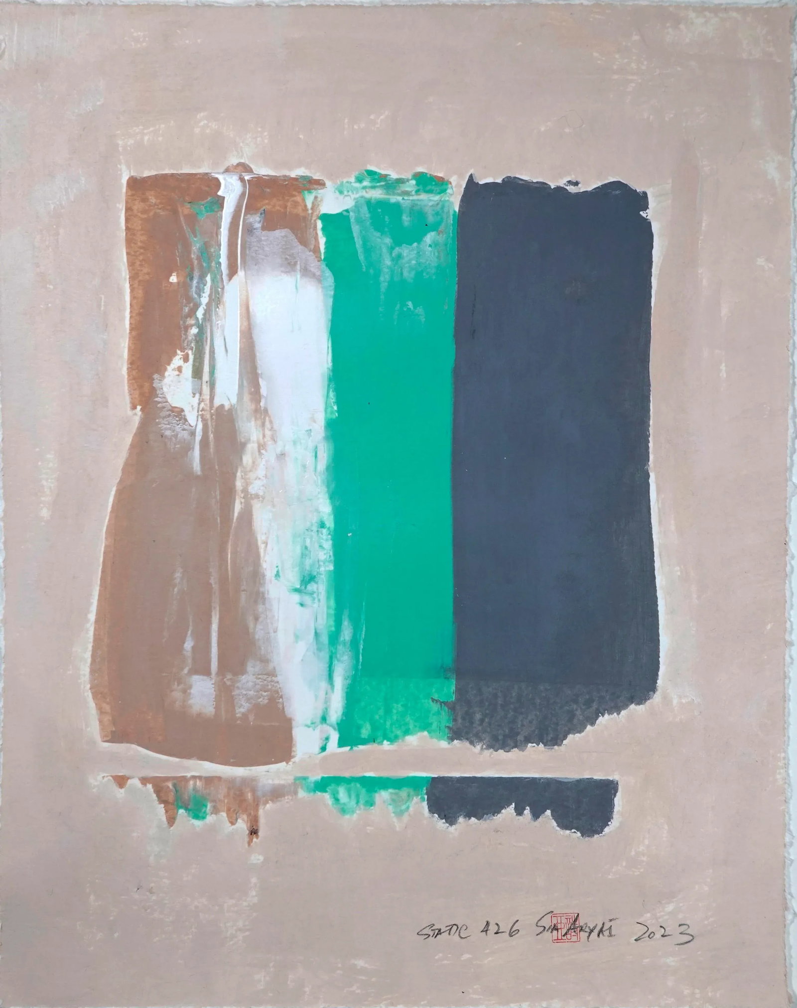 Static 426 Framed Abstract Brown / Green Painting: Static 426 Framed abstract brown /green painting This green is a home decor color you can be bold with. The painting is 16X20" and comes float mount custom-framed in a 20X28X1.2" white shadow box. Sig
