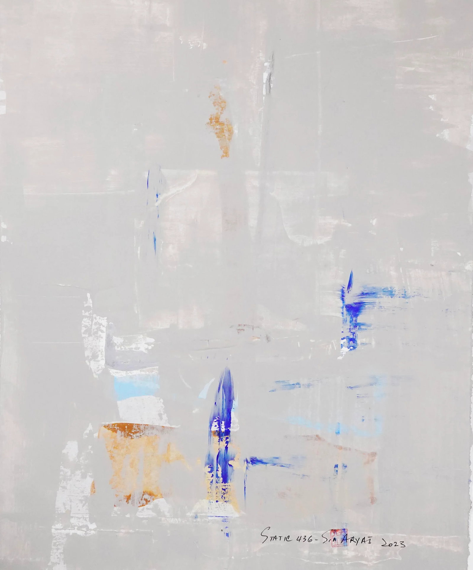 Static 436 Framed Vibrant Yellow Abstract Painting: Static 436 Abstract vibrant Yellow and blue Framed Painting with a twist shades of blue are contrasted and complemented by tan in this one-of-a-kind abstract painting. The painting is 16X20" and