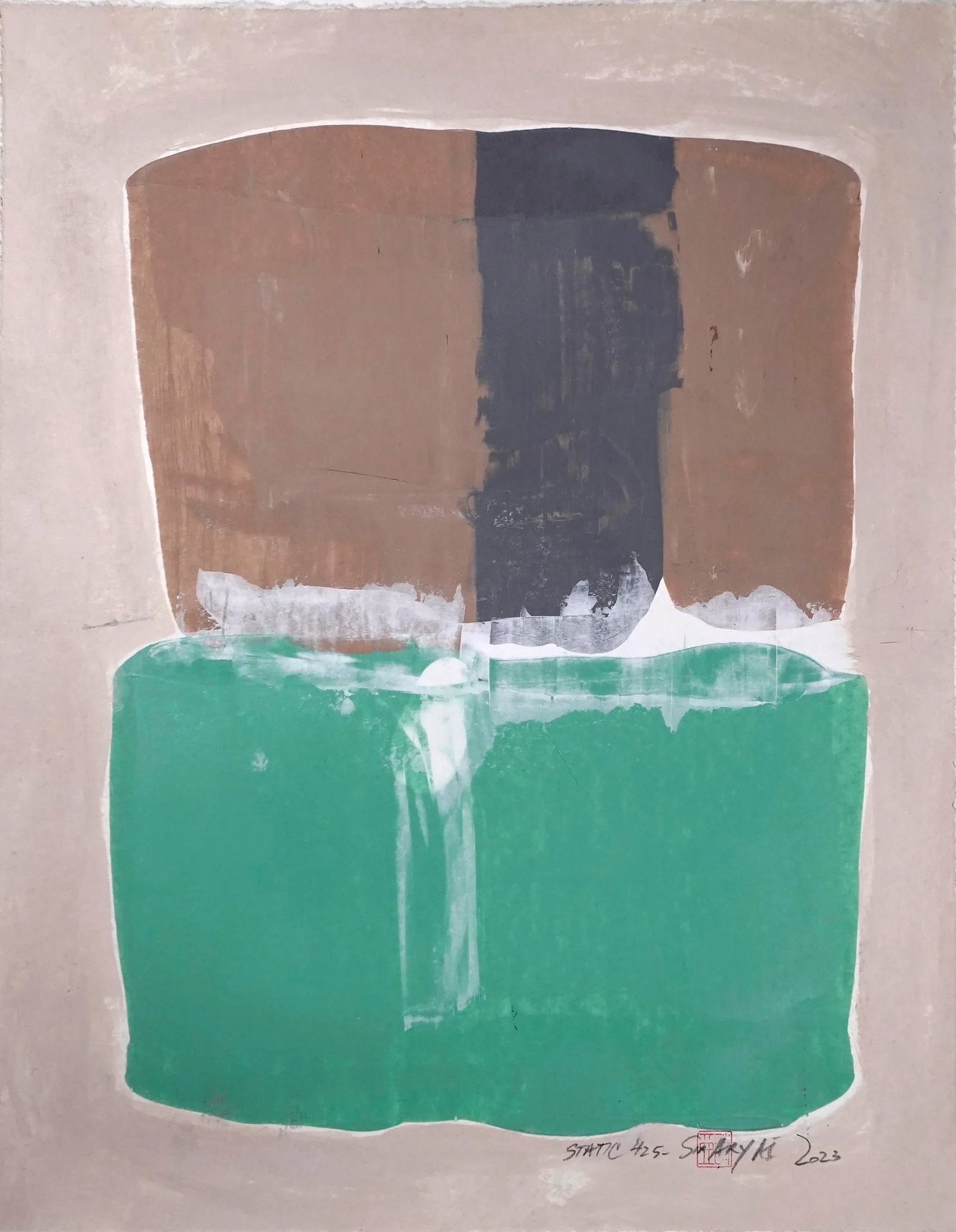 Static 425 Framed Abstract Green/Brown Painting: Static 425 Framed abstract brown /green painting This green is a home decor color you can be bold with. The painting is 16X20" and comes float mount custom-framed in a 20X28X1.2" white shadow box. Sig