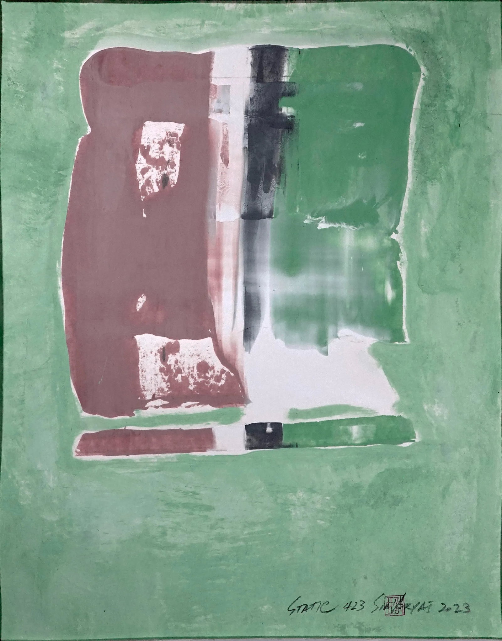 Static 423 Framed Abstract Green/Brown Painting: Static 423 Framed abstract brown /green painting This green is a home decor color you can be bold with. The painting is 16X20" and comes float mount custom-framed in a 20X28X1.2" white shadow box. Sig