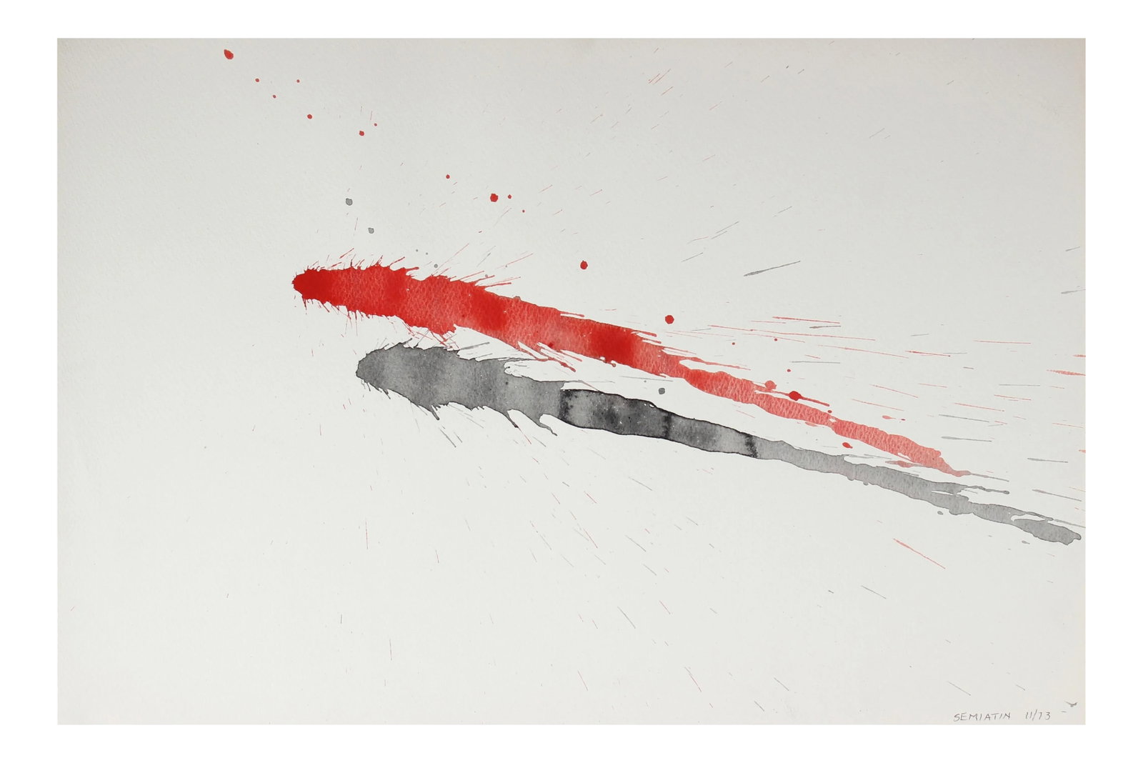 Abstract Paint Splatters in Red & Black, Watercolor on Paper, 1973: This 1973 watercolor on paper abstract is by Irish-born artist Jacob Semiatin (1915-2003). During the 1930s and 1940s, Semiatin exhibited with the Brooklyn Society of Artists, alongside Gerard Schneid