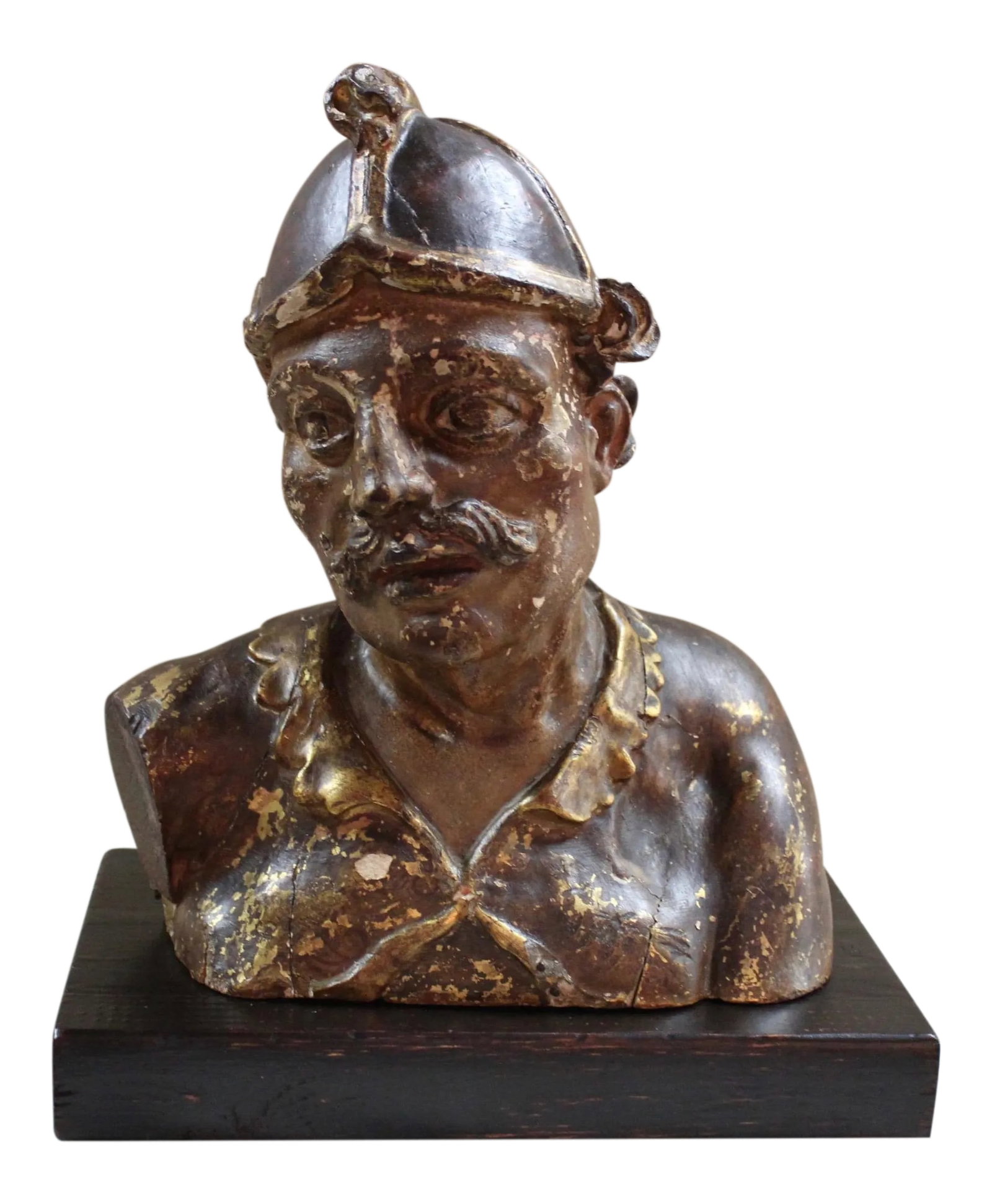 17th Century Figurative "Santo" Carved Wood Bust: Hand-carved votive figure, polychromed walnut, continental, 17th c. Base is newer and not attached. Condition: Alterations: Original Condition Unaltered Imperfections: Some Imperfections Condition Not