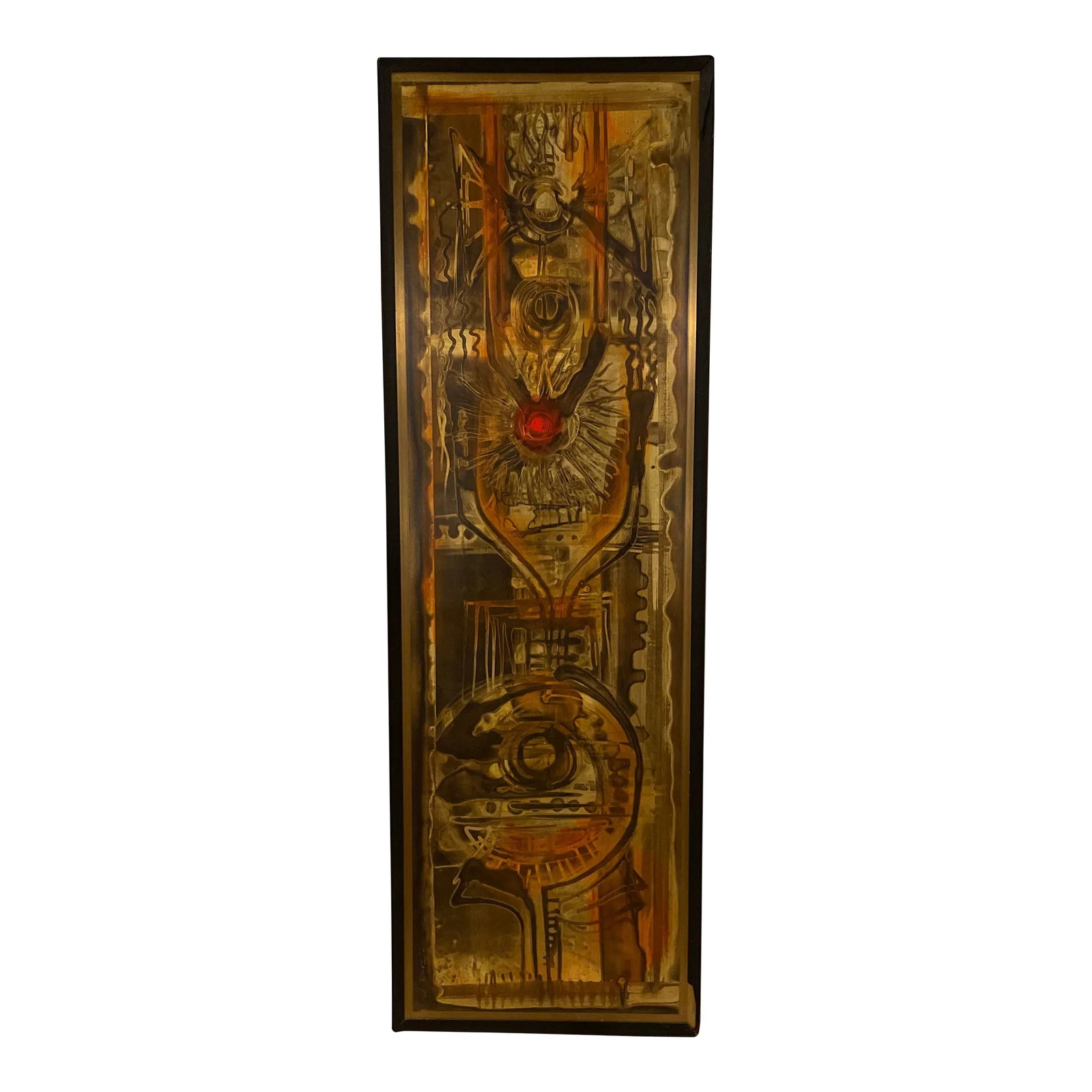 Original Bernard Rohne Etched Metallic Artwork 1972: Beautiful example of German born artist Bernhard Rohne's early work using acid's interaction with metal to create striking designs. An accidental experiment in art school led to his work with acid