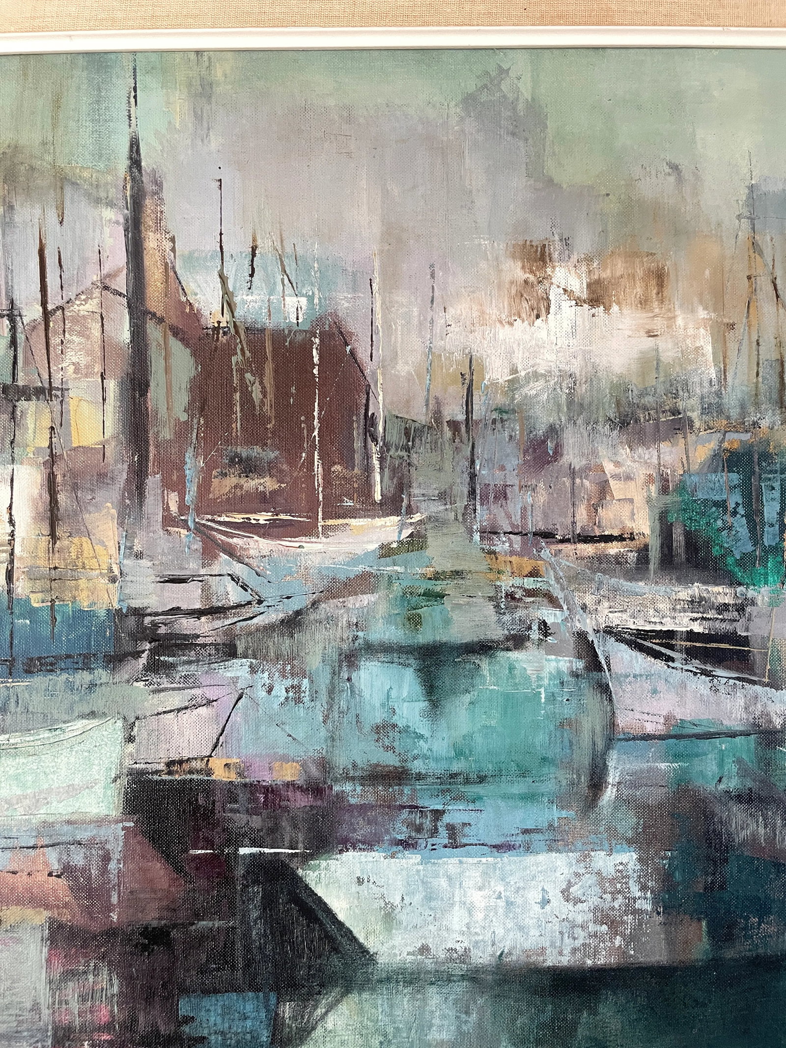 MCM Seascape 1960s Jean Kalisch Abstract Painting Oil on Board Harbor Scene - 10