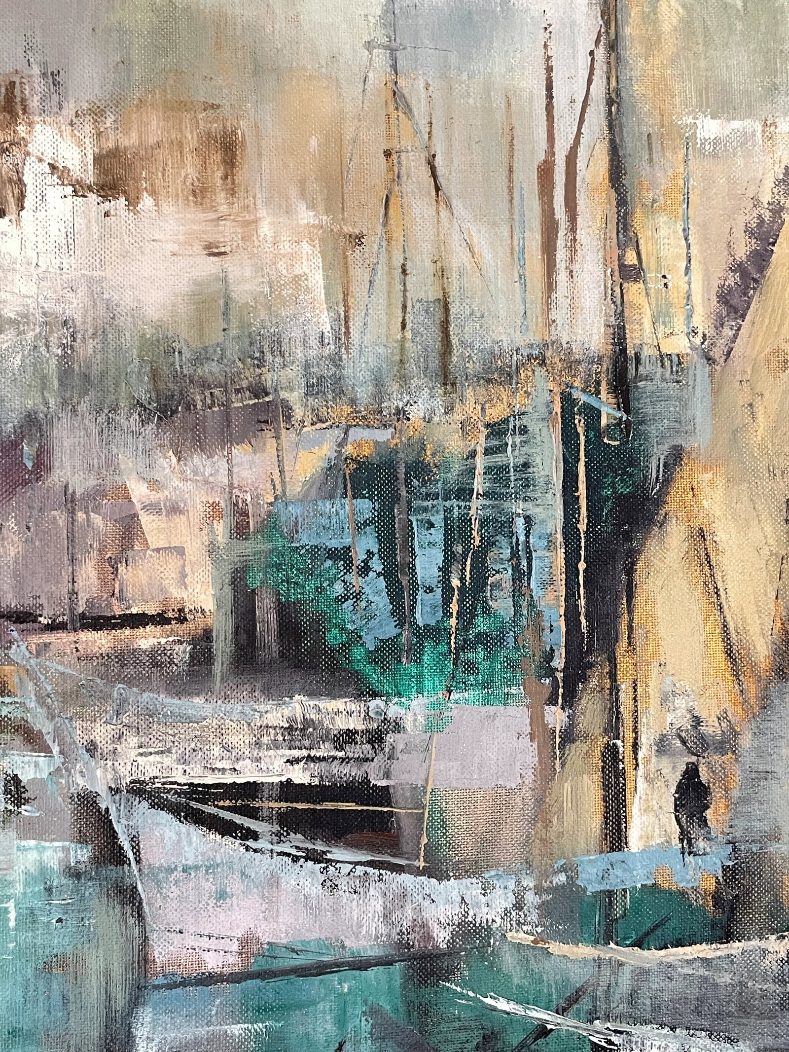 MCM Seascape 1960s Jean Kalisch Abstract Painting Oil on Board Harbor Scene - 12
