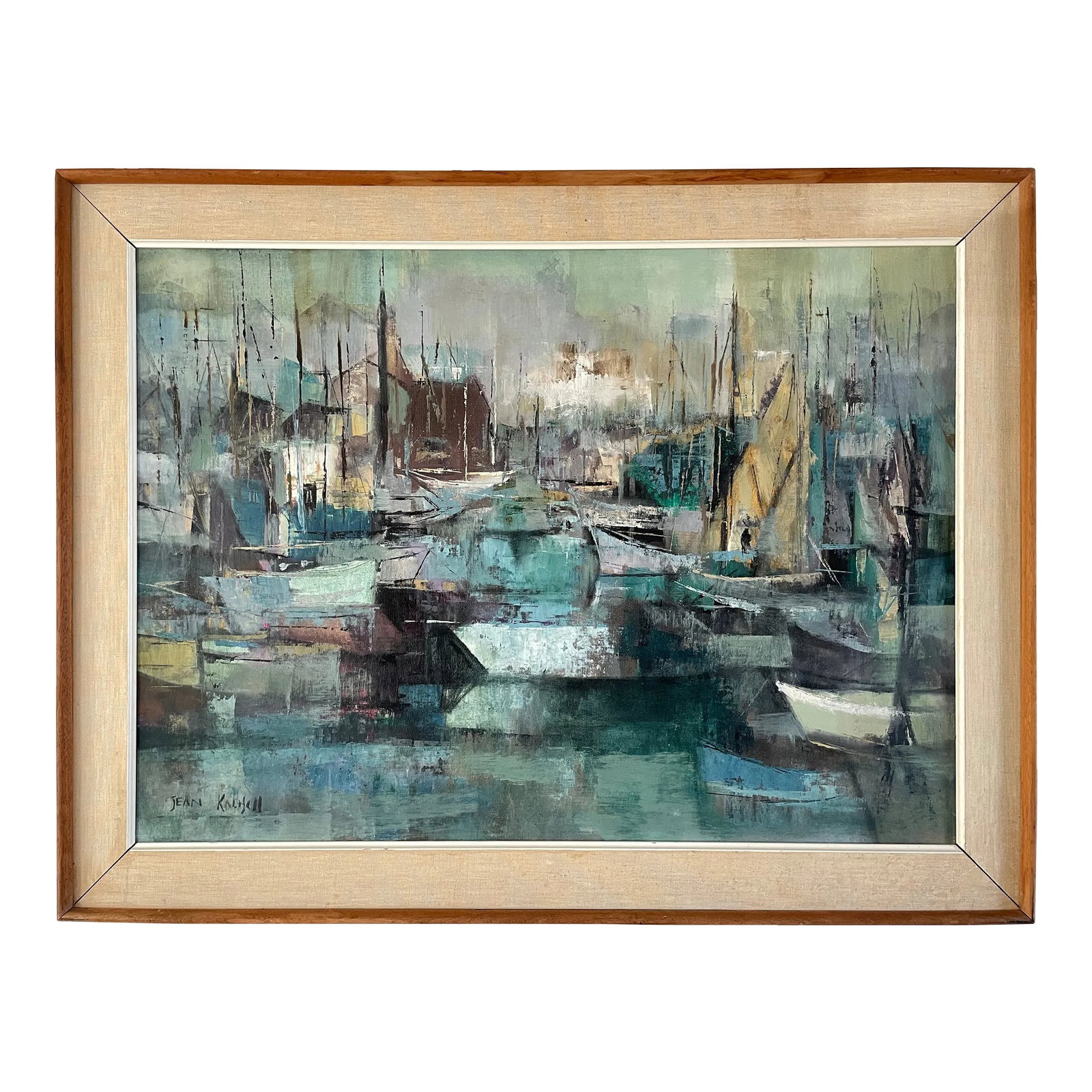 MCM Seascape 1960s Jean Kalisch Abstract Painting Oil on Board Harbor Scene: A quintessential, mid century painting by renowned artist Jean Kalisch. The stylized harbor scene is depicted in signature shades of green and blue, oil on board, signed lower left. The art is linen-m