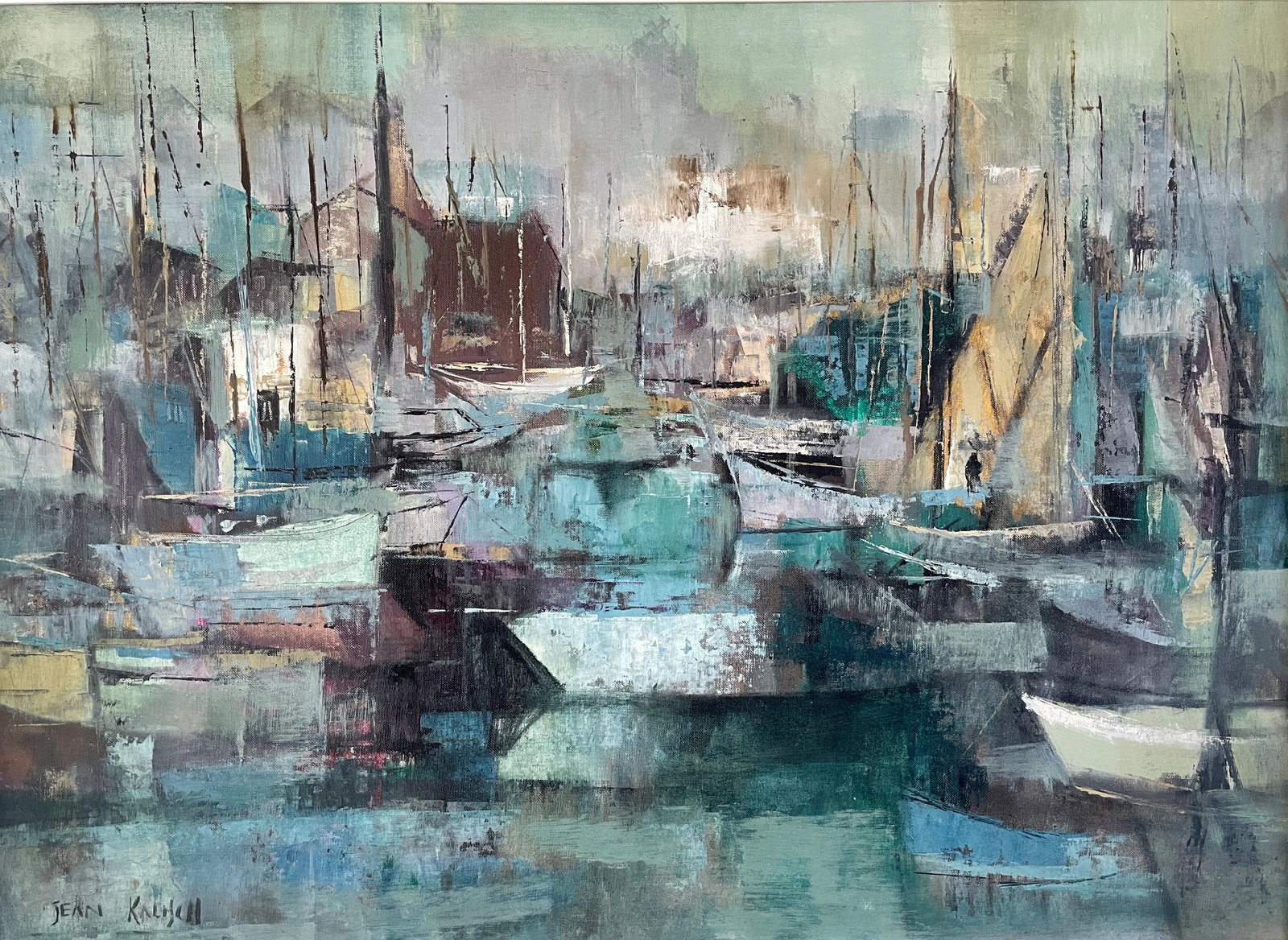 MCM Seascape 1960s Jean Kalisch Abstract Painting Oil on Board Harbor Scene - 3