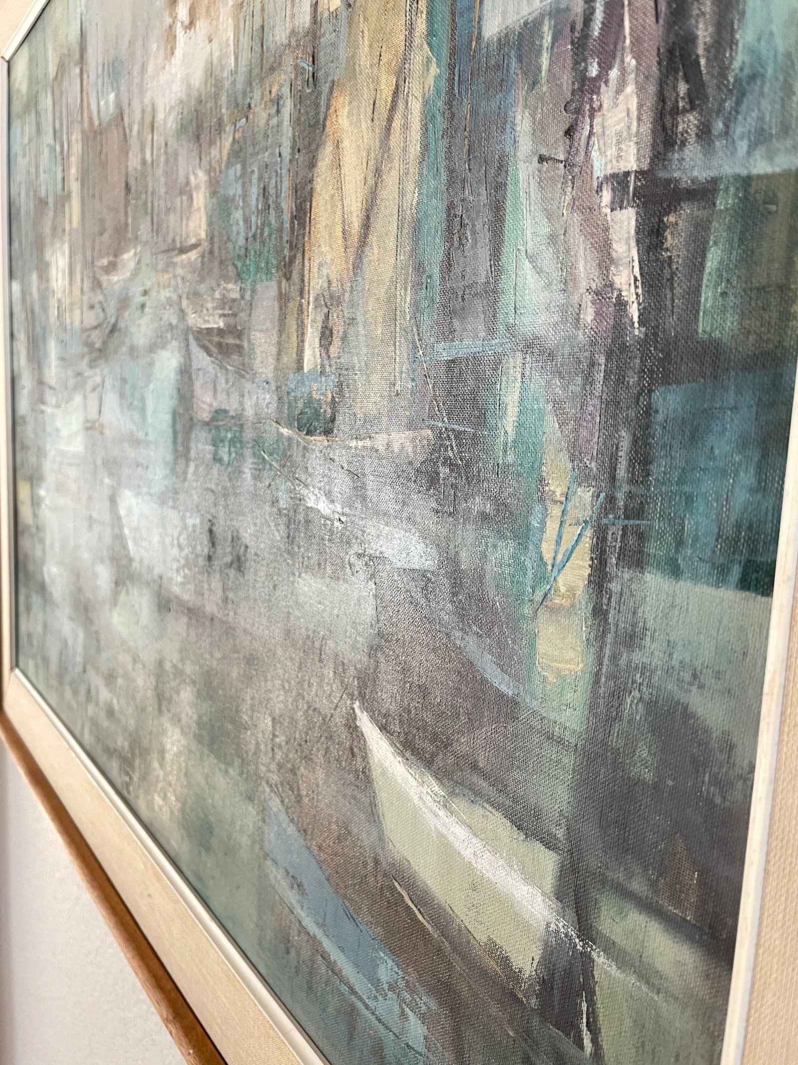 MCM Seascape 1960s Jean Kalisch Abstract Painting Oil on Board Harbor Scene - 5