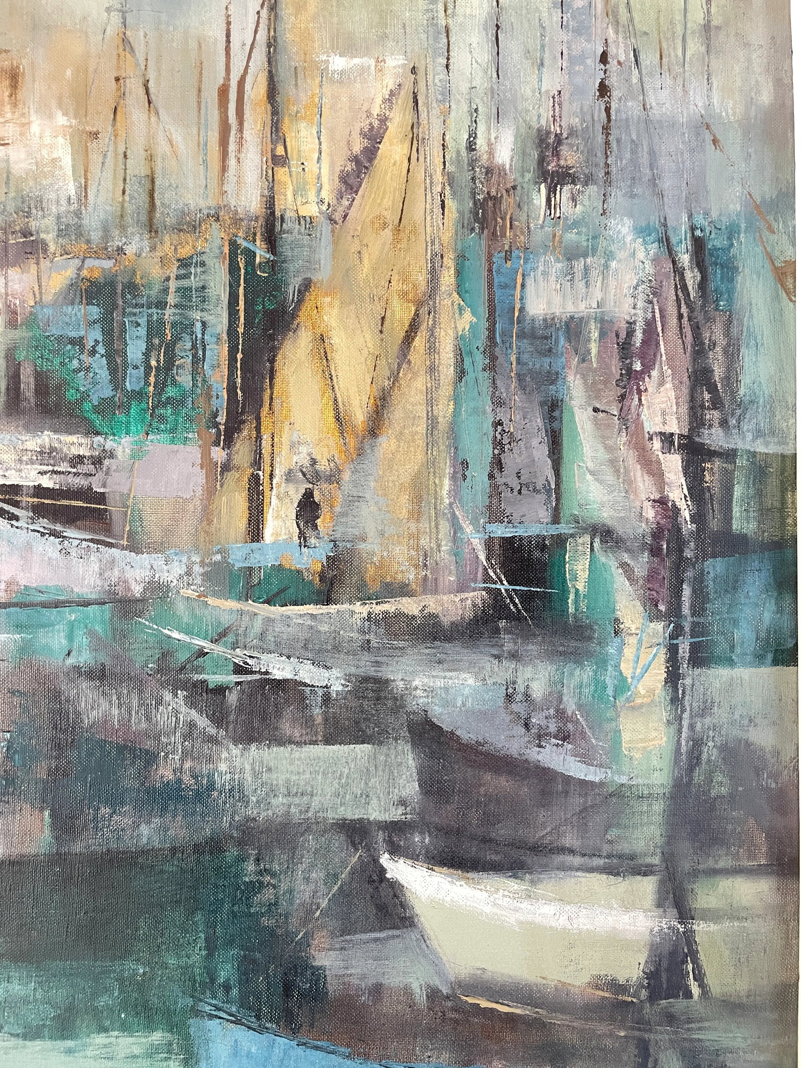 MCM Seascape 1960s Jean Kalisch Abstract Painting Oil on Board Harbor Scene - 7