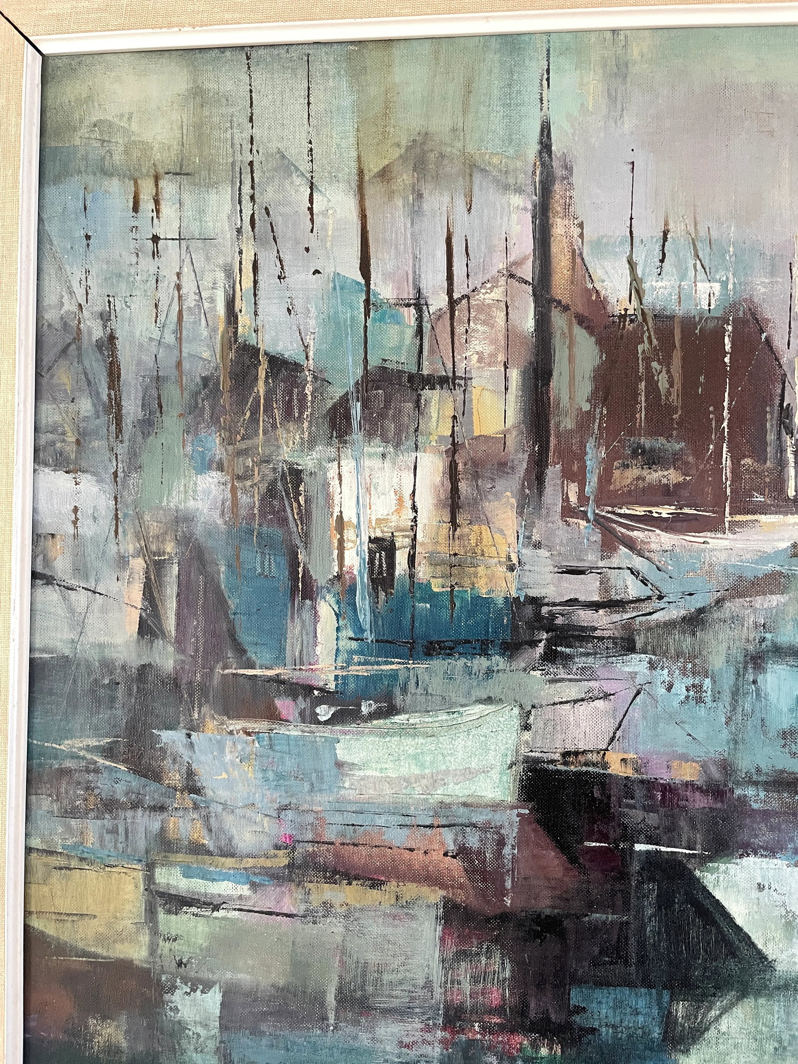 MCM Seascape 1960s Jean Kalisch Abstract Painting Oil on Board Harbor Scene - 9