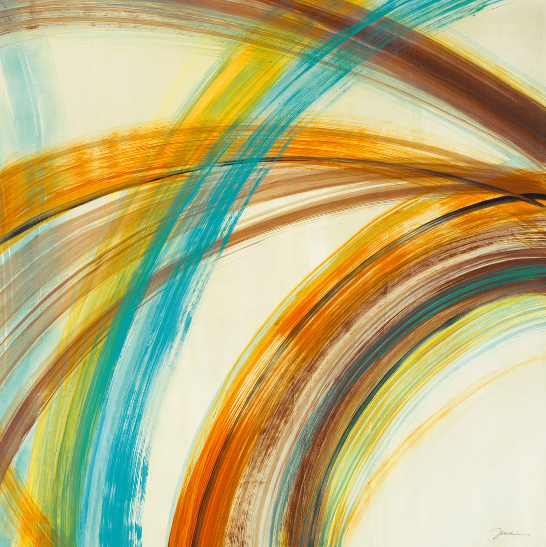 Liz Jardine "Far Far Away" Painting: "Far Far Away" is a contemporary original acrylic painting by renowned California artist Liz Jardine. The earthtone palette with bright yellow and teal accents, and the dynamic sense of movement and