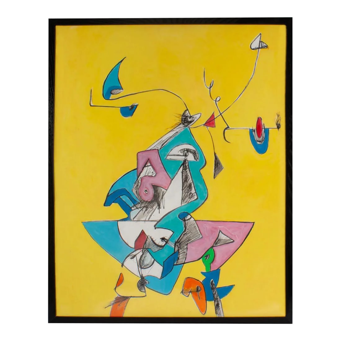 Abstract Mixed Media Painting by James L. Bruch: An abstract mixed media painting by the American artist James L. Bruch (1942-2023). Unsigned, this abstract work features an assemblage of layered geometric shapes against a bright yellow background. 