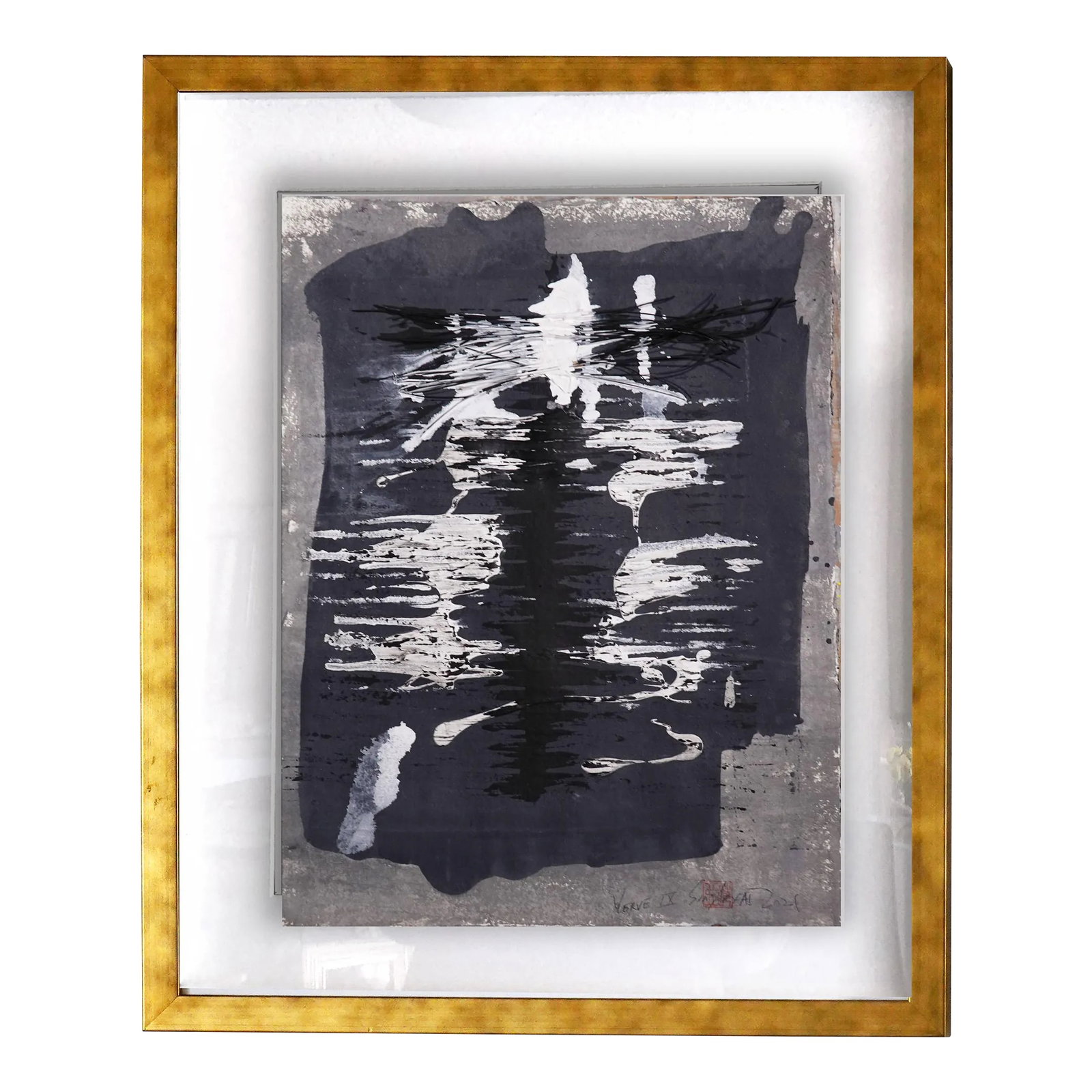 Verve. IX Framed Abstract Black and White Painting: This lively original mixed media on hand cut heavy parchment brings a pop of life to any room. it is 9X12"heavyweight parchment comes float mount custom-framed in a 16X20X1.2"gold plated shadow box wo