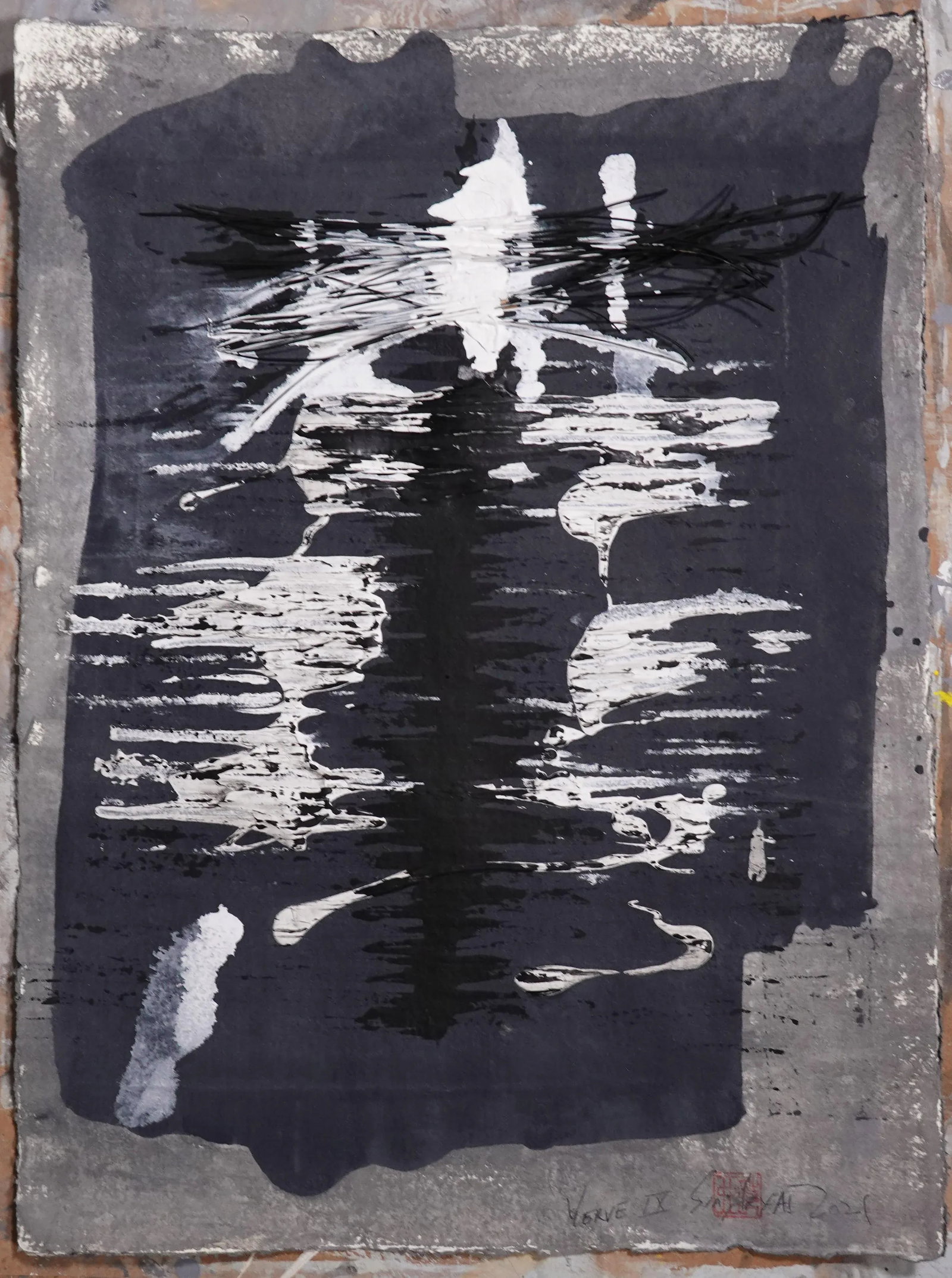 Verve. IX Framed Abstract Black and White Painting - 2