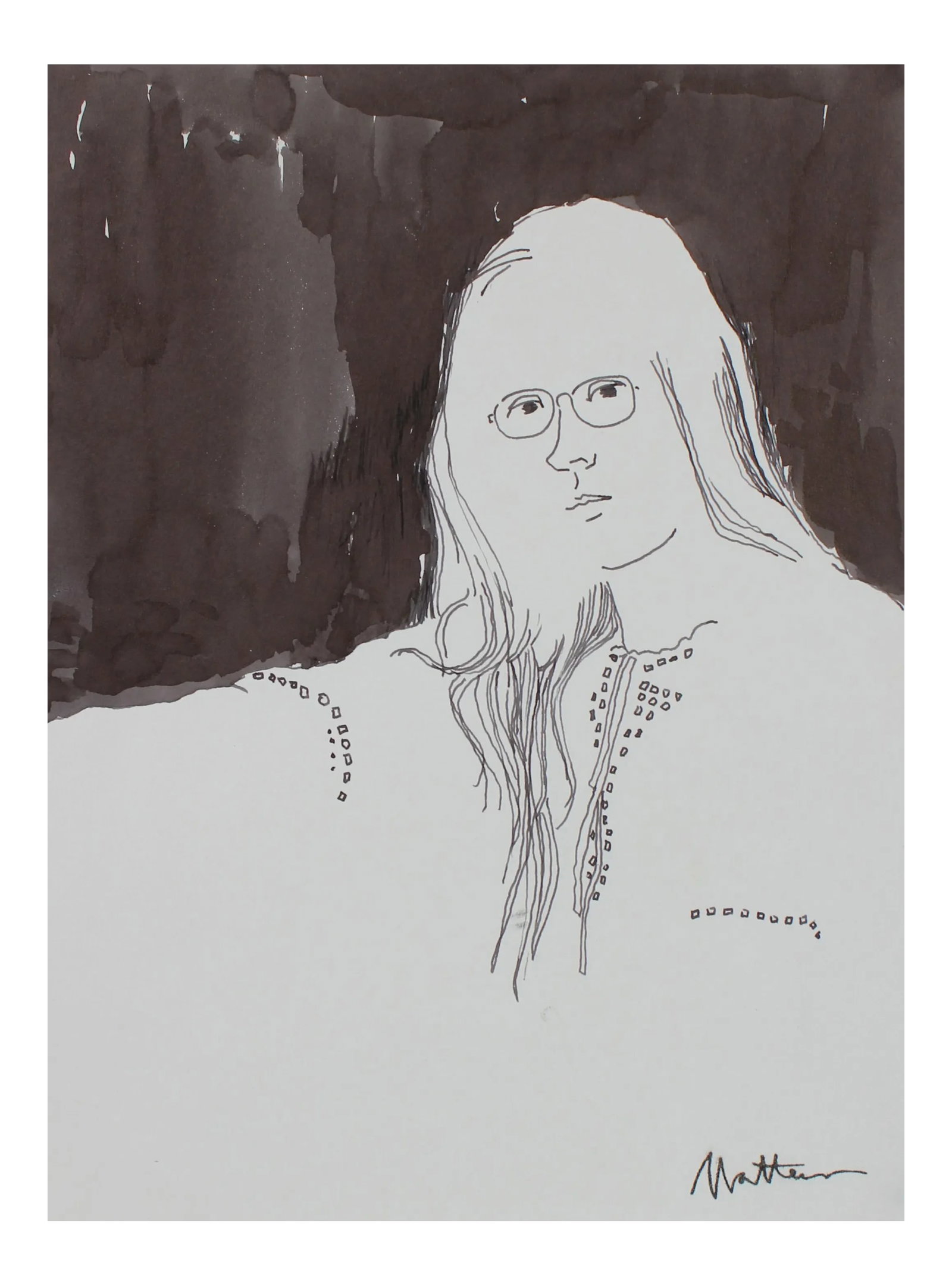 Monochromatic Portrait of a Woman in Ink, Late 20th: This late 20th century ink on paper female portrait is by Oakland artist Rip Matteson (1920-2011). Matteson was educated at U.C. Berkeley, C.C.A.C, Scuola di Belle Arte in Rome, the Parsons School of