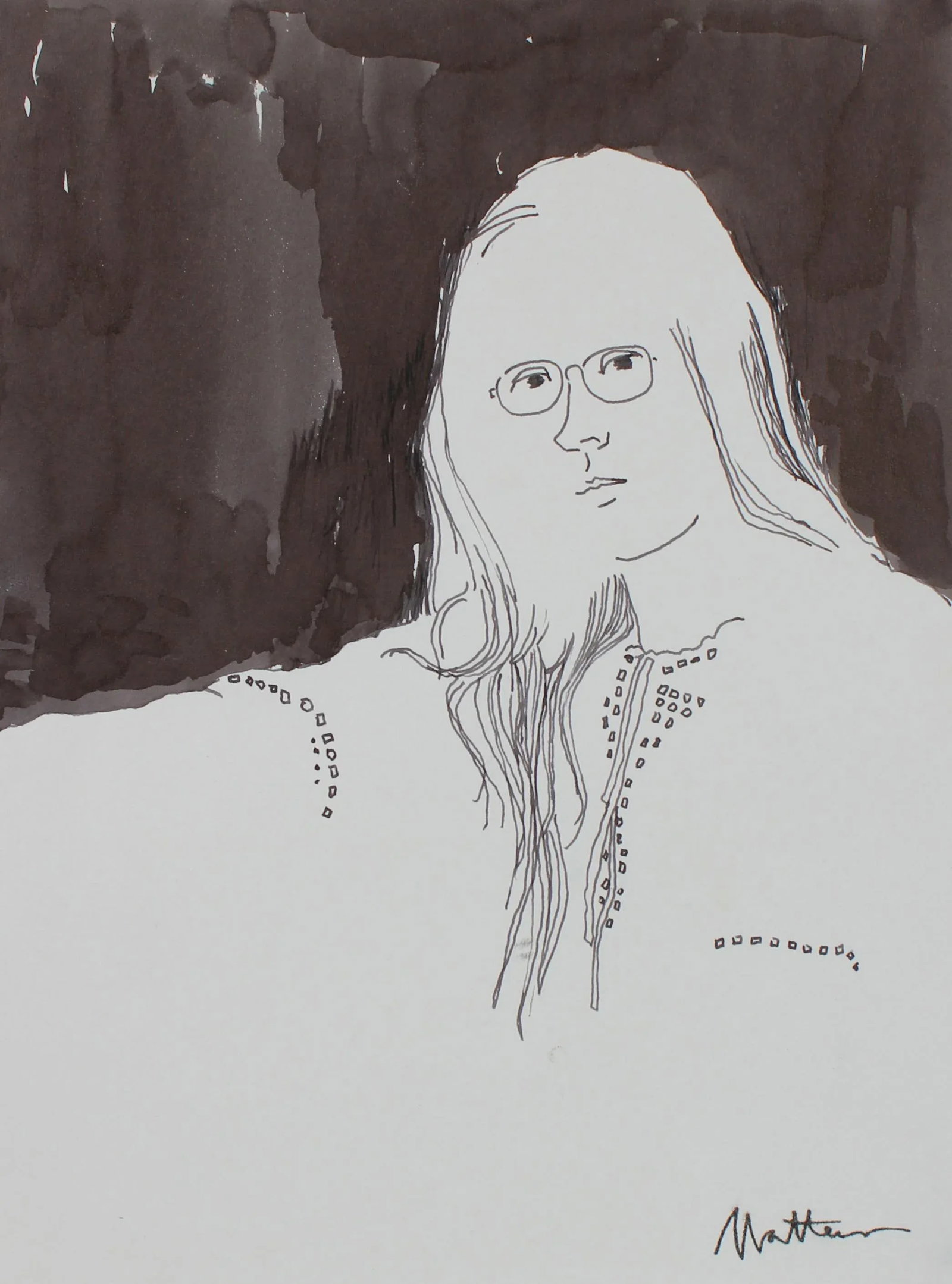 Monochromatic Portrait of a Woman in Ink, Late 20th - 3