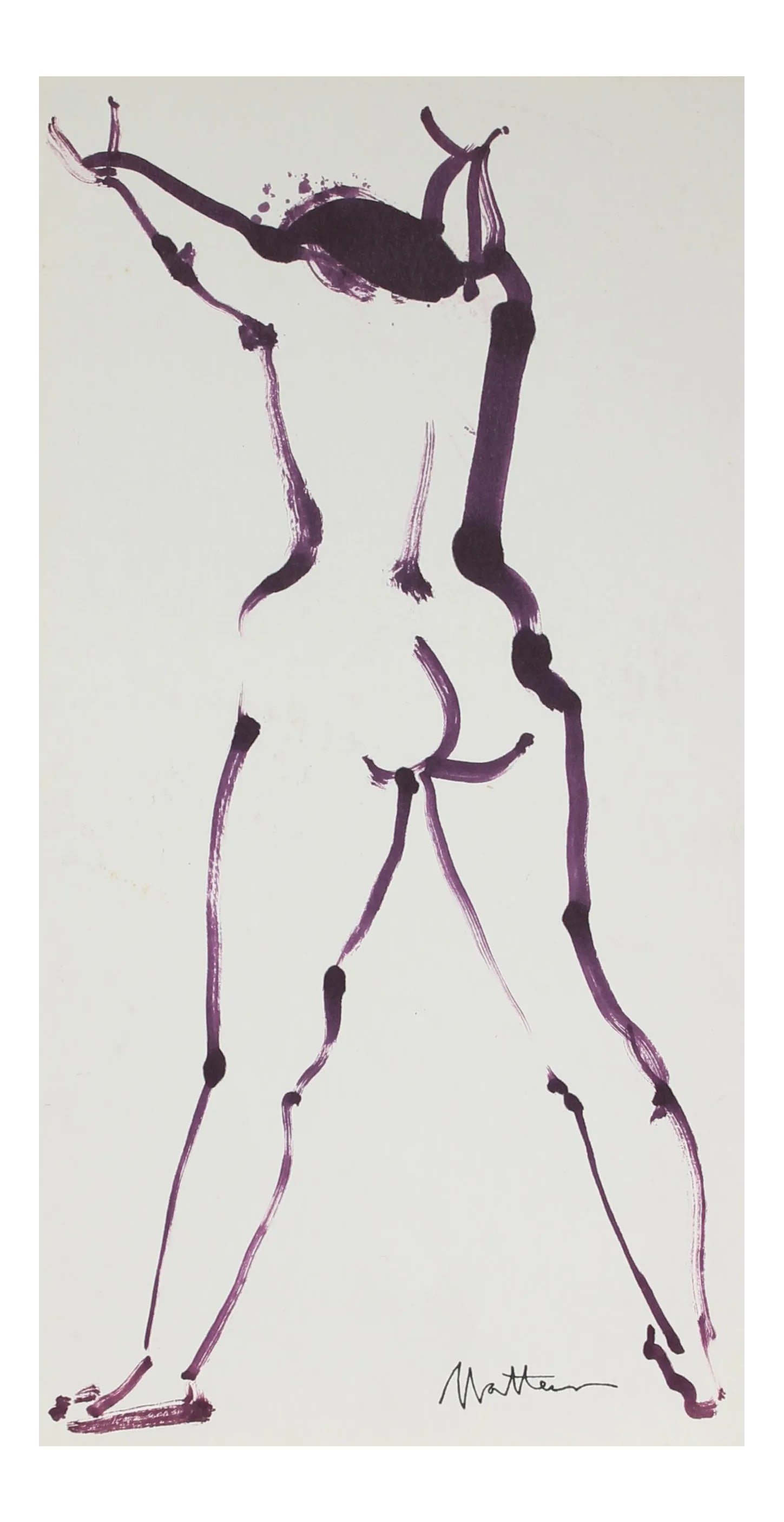 Modernist Nude in Purple Ink, 20th Century: This late 20th century ink on paper nude is by Oakland artist Rip Matteson (1920-2011). Matteson was educated at U.C. Berkeley, C.C.A.C, Scuola di Belle Arte in Rome, the Parsons School of Design in