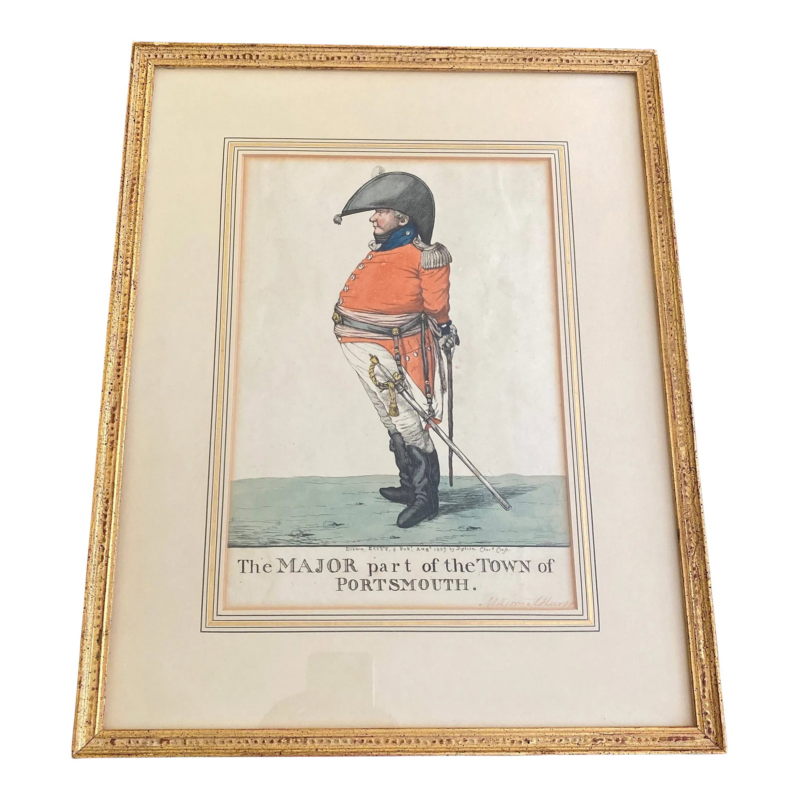 19th Century Robert Dighton Hand Colored Military Caricature 1807: Listing is for an original Robert Dighton hand colored caricature portrait of Major Charles Ashurst with his rather rotund belly becoming the "major" focal point of this antique print. The frame is