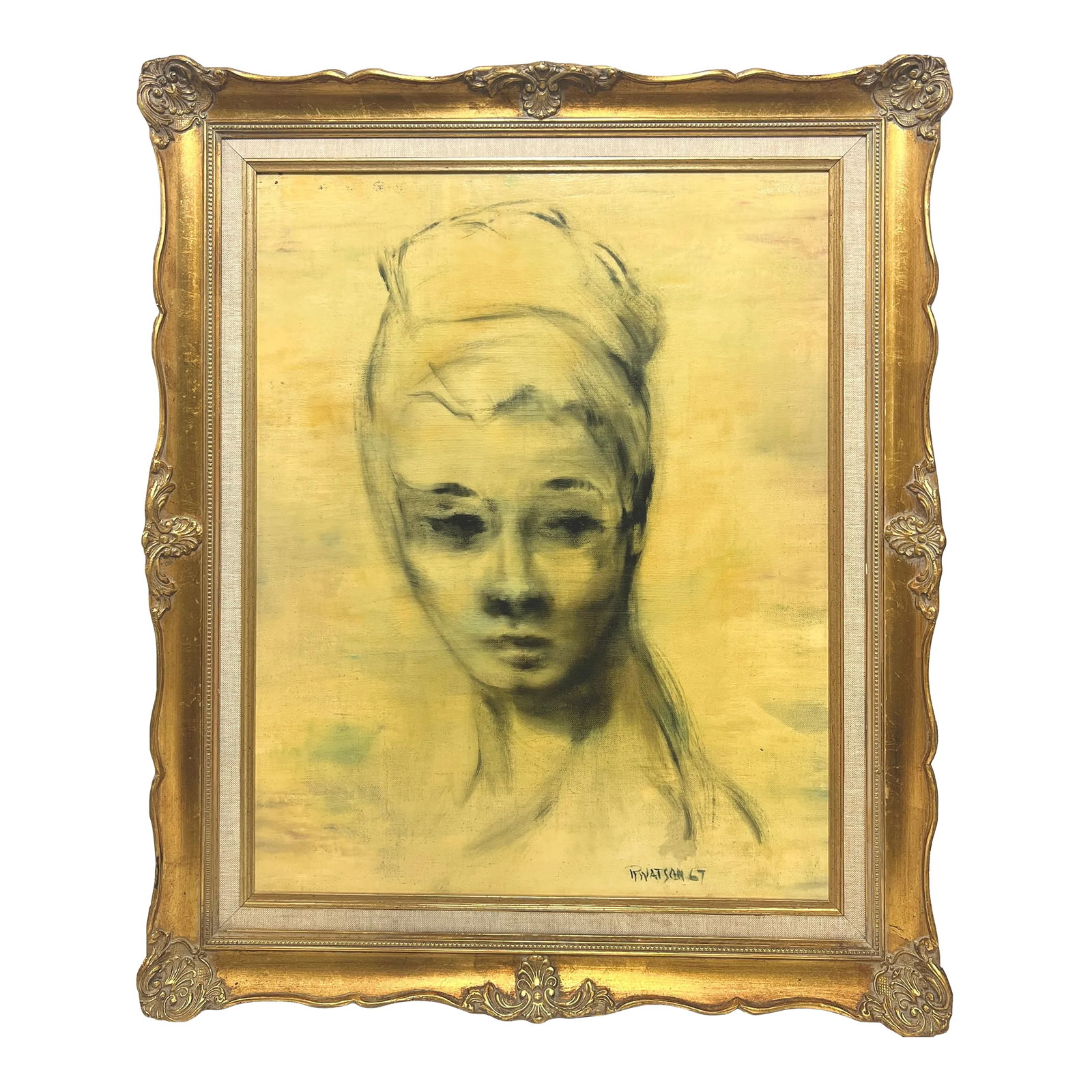 Stunning Mid Century Original Painting of Woman: Marvelous Painting of a Woman. The artist really captures her elegance in this unique angle of pose. Very reminiscent of Audrey Hepburn in the style and grace. Warm colors. Signed lower right.