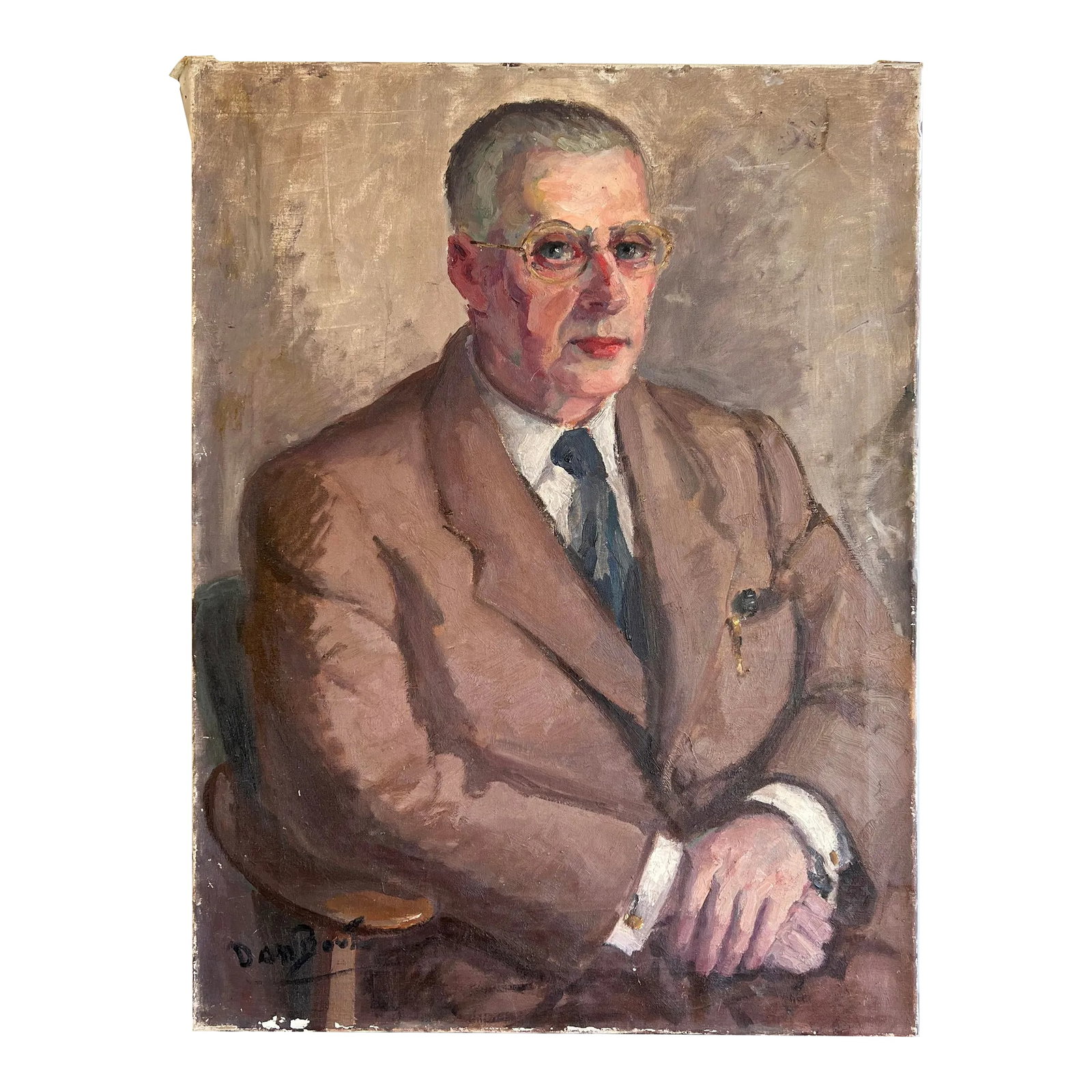 Portrait of a Man Original Oil on Canvas Painting: Original, one of a kind oil on canvas painting of a man in a suit. Signed on bottom left hand side. In great vintage condition with some paint loss noted near signature. Measures: 23.5" x 31.5" x