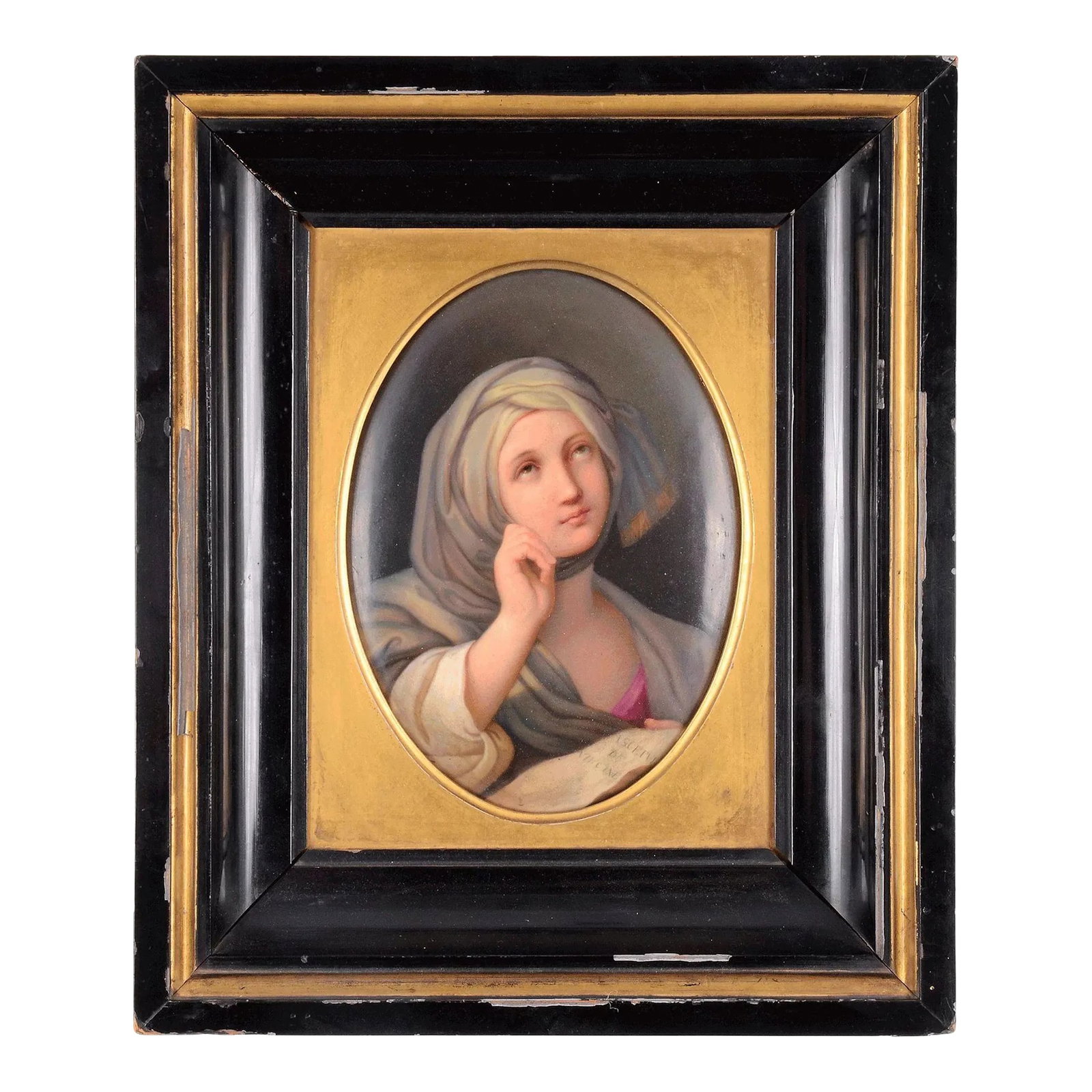 KPM Hand Painted Porcelain Portrait Signed by Artist: Antique German KPM hand painted porcelain portrait signed by artist, circa 1880. This framed oval KPM portrait depicts a woman wearing a scarf. This porcelain portrait is stamped KPM on the back. The 