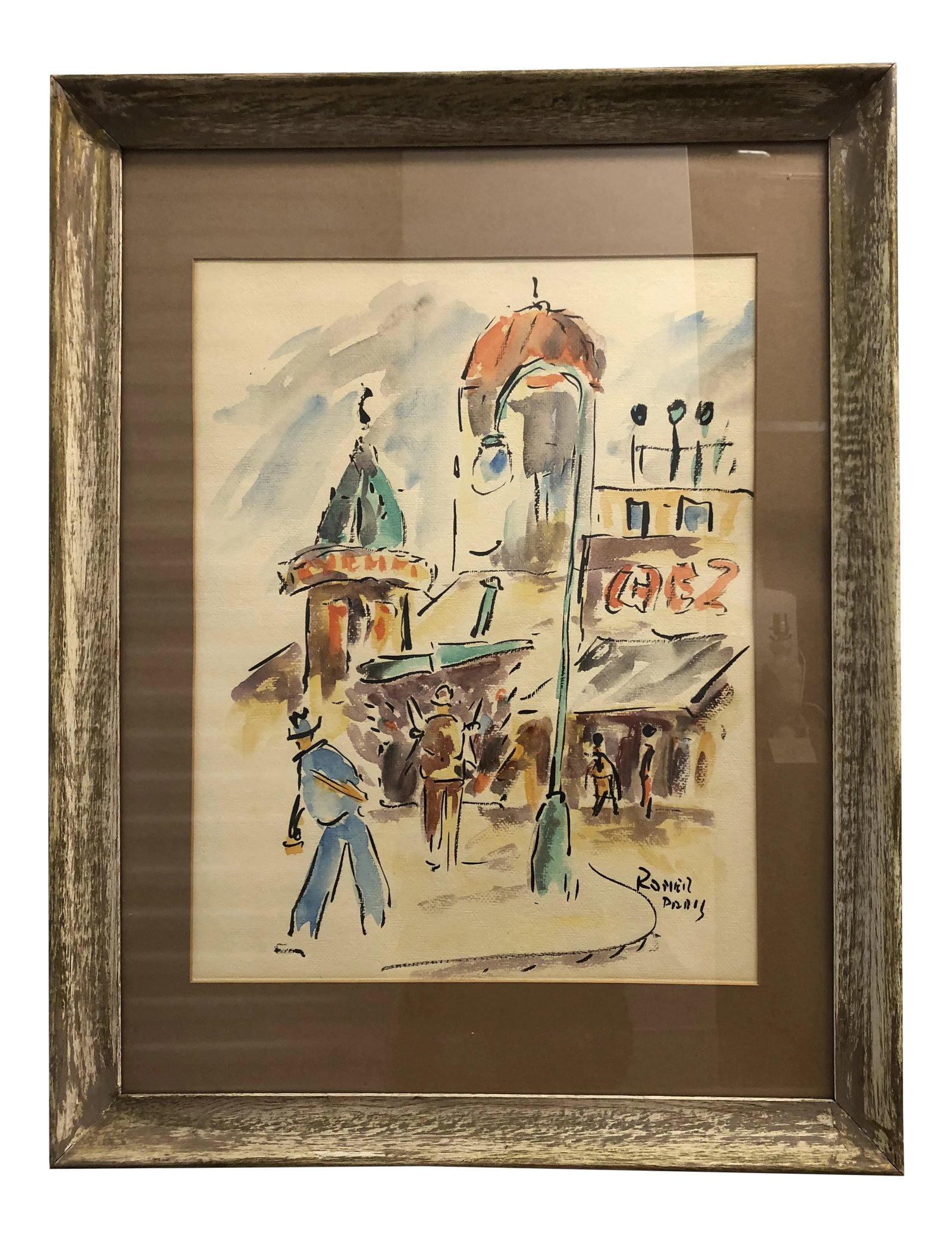 Vintage "Paris Street Scene" Watercolor Painting by Fred Roner: Wonderful and whimsical vintage watercolor by Fred Roner. Parisian street scene. Condition: Alterations: Original Condition Unaltered Imperfections: Some Imperfections Condition Notes: Good vintage