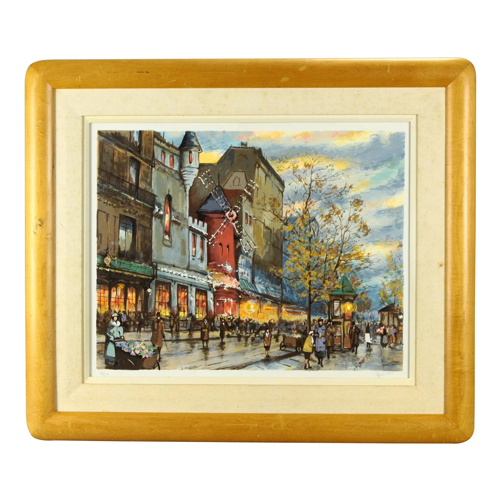 Mid 20th Century Antoine Boulet French Silkscreen "Autumn in Paris, Moulin Rouge": A beautiful Parisian cityscape An autumn street scene at dusk with people passing by Moulin Rouge and a street flower vendor in the foreground. The store windows are already lit, the sky is stunning