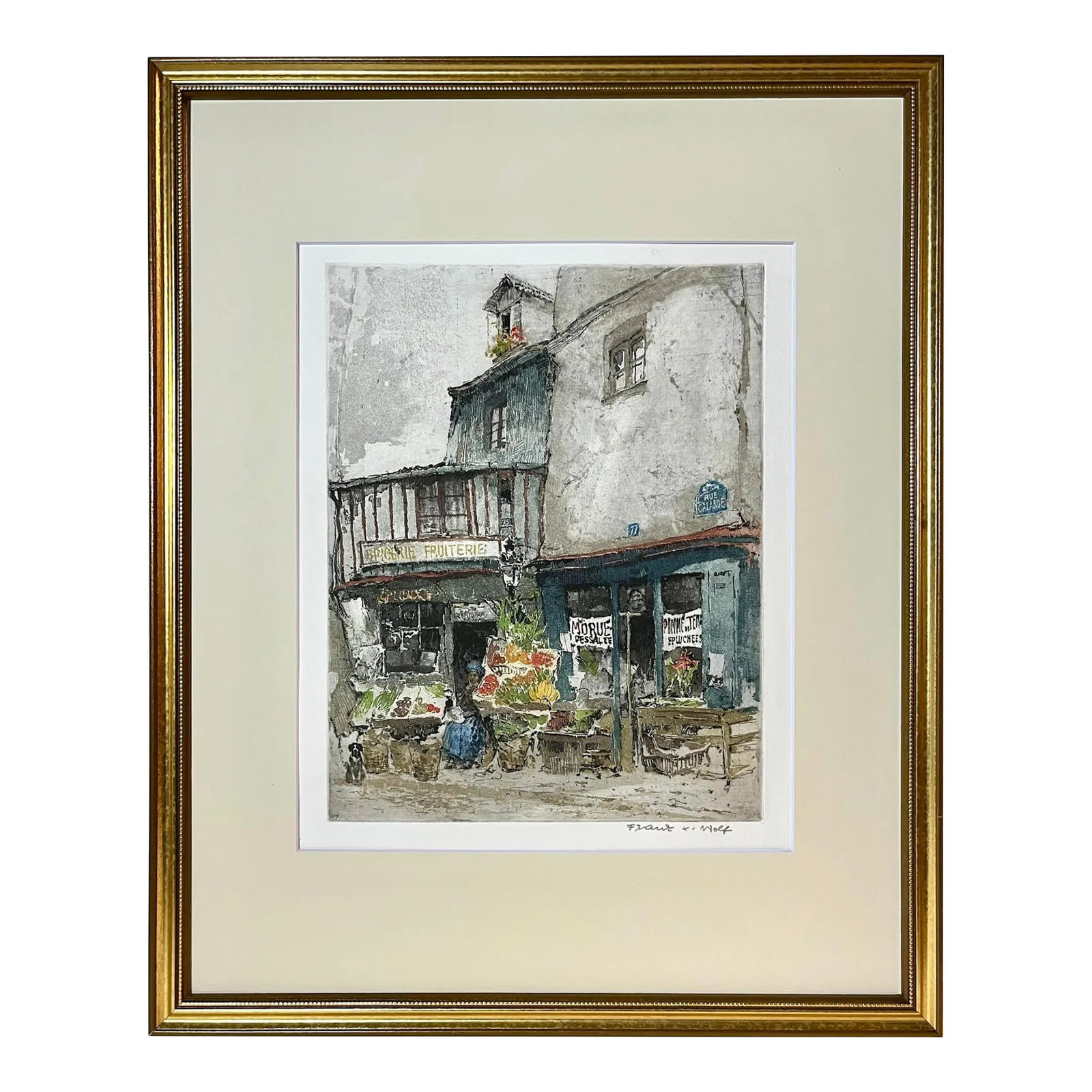 Vintage Color Etching Paris Fruit Shop 77 Rue Galande by Franz Xavier Wolf (1 of 7)