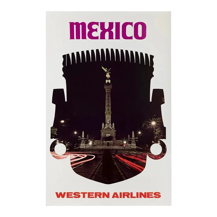 Vintage Travel Poster - Western Airlines / Mexico. Ca 1970: Vintage Western Airlines poster advertising travel to Mexico, depicting the Monument of Independence roundabout in Mexico City. Dimensions: 39 x 25". Condition: Unbacked, Some rubbing, marginal crease