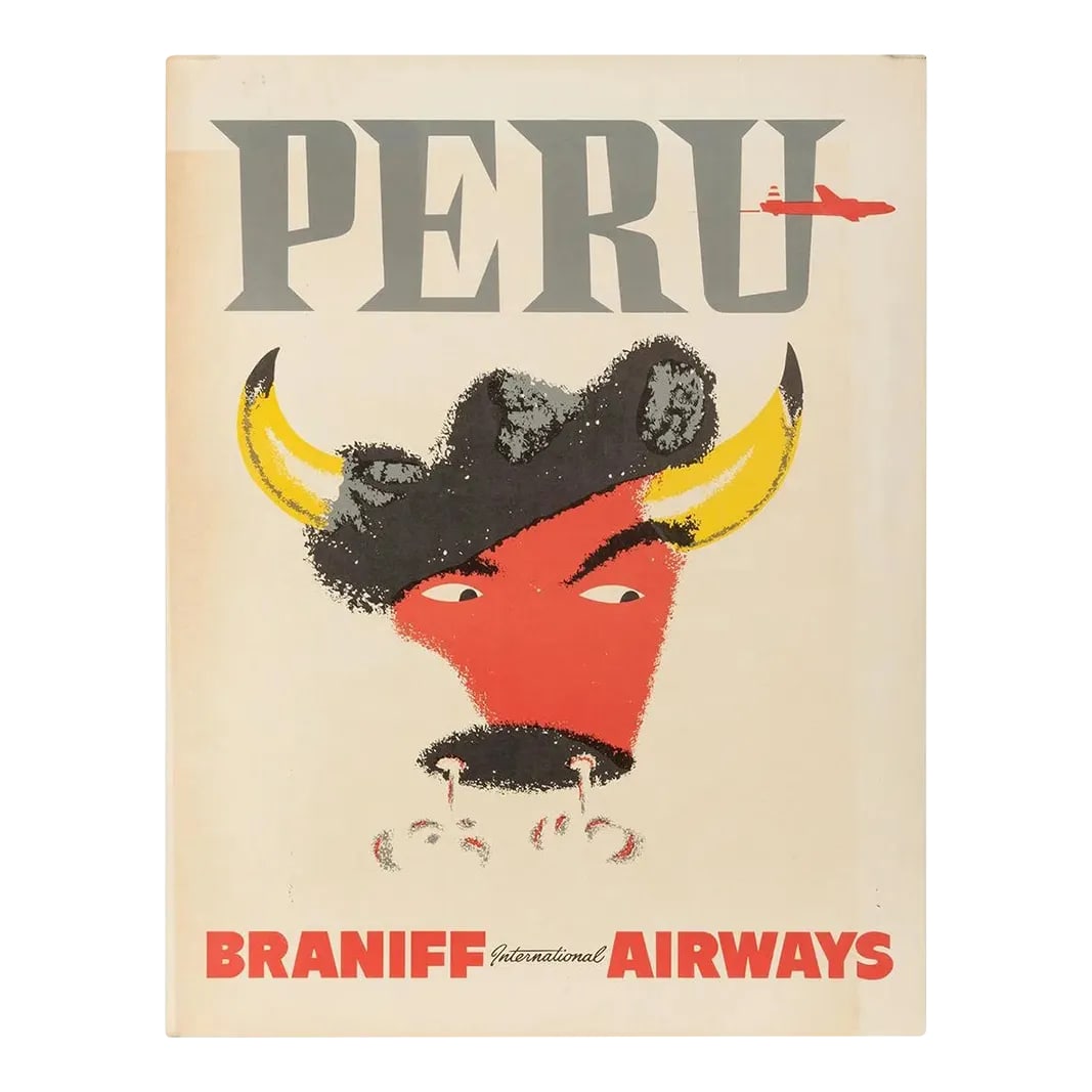 Peru / Braniff International Airways. 1960s. Offset Lithograph: Peru / Braniff International Airways. 1960s. A bull dressed in a matador's hat. Designer: Unknown Medium: Offset Litho printed on heavy stock - Unbacked Condition: Good - light overall foxing