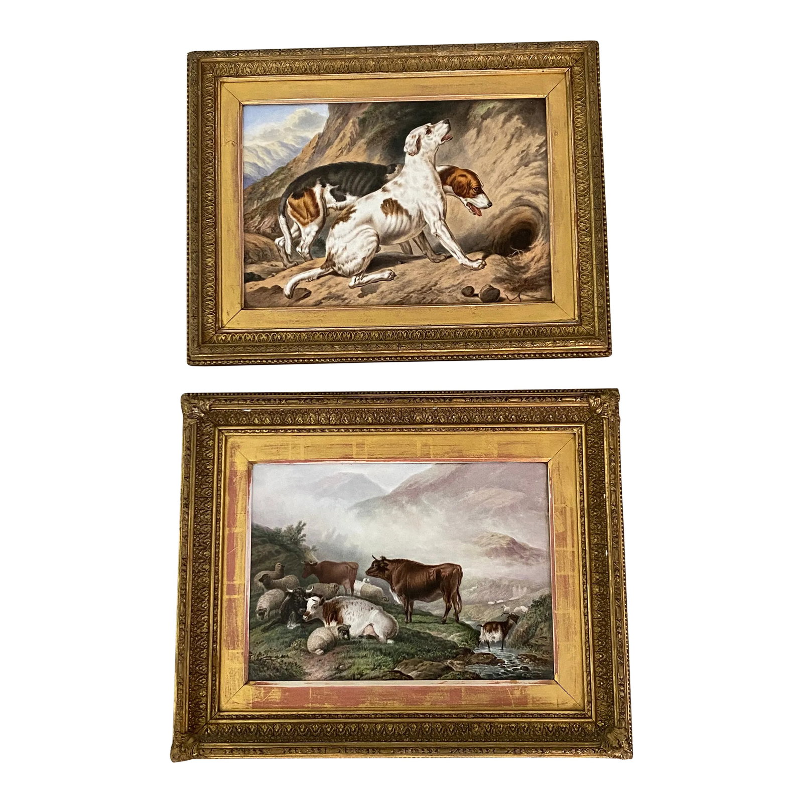 Pair of Berlin Porcelain Plaques 19th Century of Animals in Highland Settings: I had this set of Porcelain Paintings appraised, and they valued them for me. They are late 19th Century German school ? Porcelain paintings. Animals including hounds, cattle, sheep, and goats.