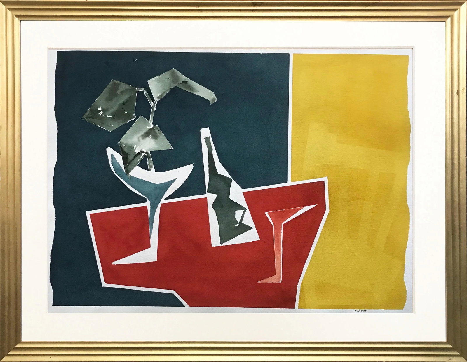 Abstract Still Life With Wine-Watercolor by Roger Stokes: Vintage watercolor still life of a plant, wine bottle, and glass on a table with chair, painted on Arches paper. Initialed RDG for Roger D. Stokes and dated 1-83, lower right. Stokes was a successful