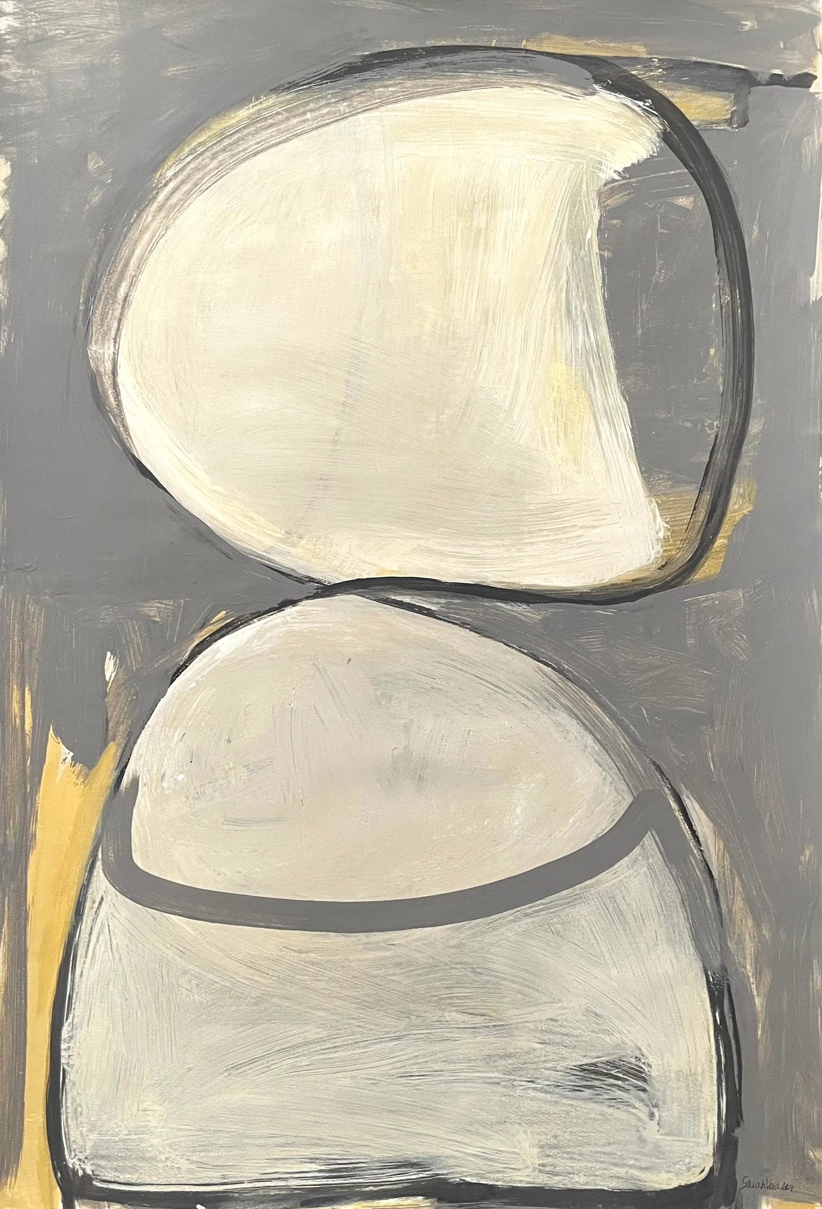 Sarah Vaaler Minimalist Abstract Painting in Neutral Colors: This piece is a great focal point for your serene space. Made with acrylic paint brushstrokes on watercolor paper in neutral tones of gray, cream, black and soft yellow. Size: 28" x 42". Signed.
