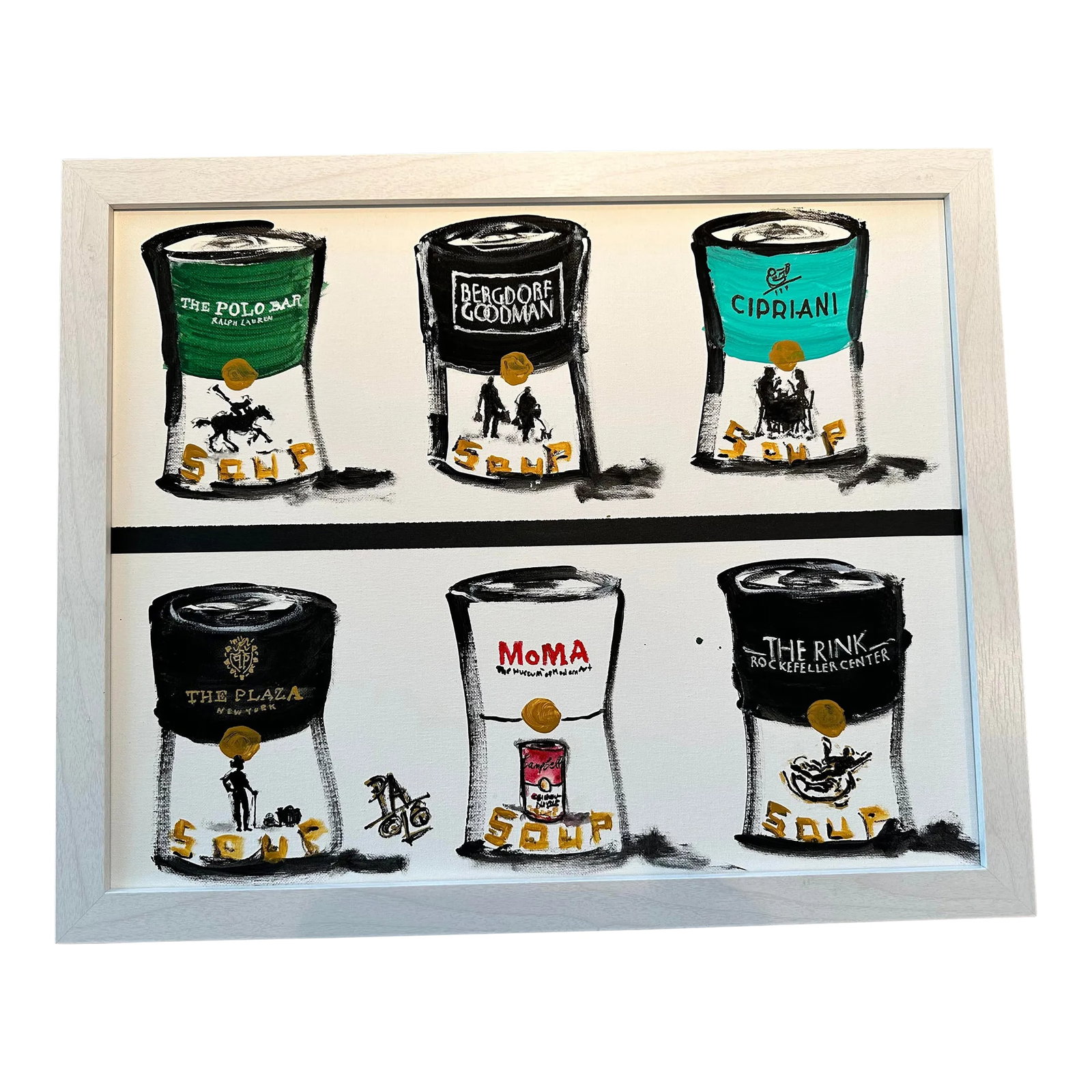 NYC Soup Still Life Pop Art Painting: An oil painting on board depicting New York City landmarks. Featured on each can are The Polo Bar, Bergdorf Goodman, Cipriani, The Plaza, MoMA, and The Rink at Rockefeller Center. Condition: