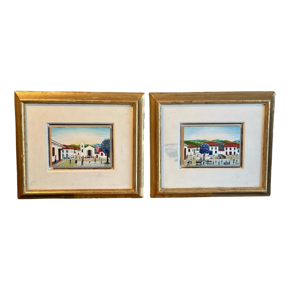 Vintage Miniature Mexican Themed Paintings Signed, Framed - a Pair: A fabulous pair of vintage Mexican paintings. Oils on board, each measures just 3" x 4". Mounted atop mat, framed identically, each measures 8" x 9" in total. Signed lower right. Expertly painted,