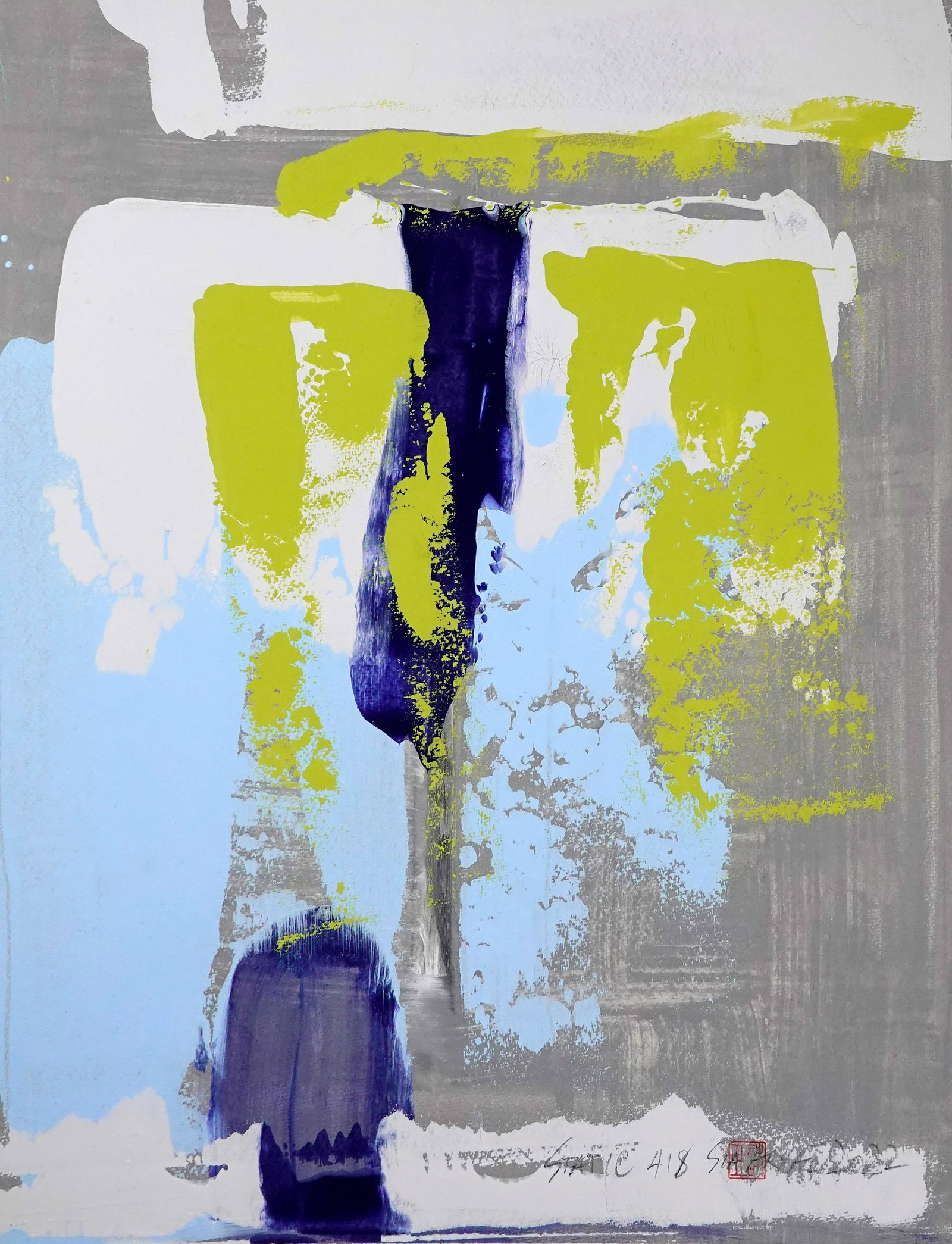 Static 418 Abstract Framed Blue/Green Painting: Abstract vibrant blue and green Framed Painting with a twist shades of green are contrasted and complemented by yellow with in this one-of-a-kind abstract painting. The painting is 16X20" and comes