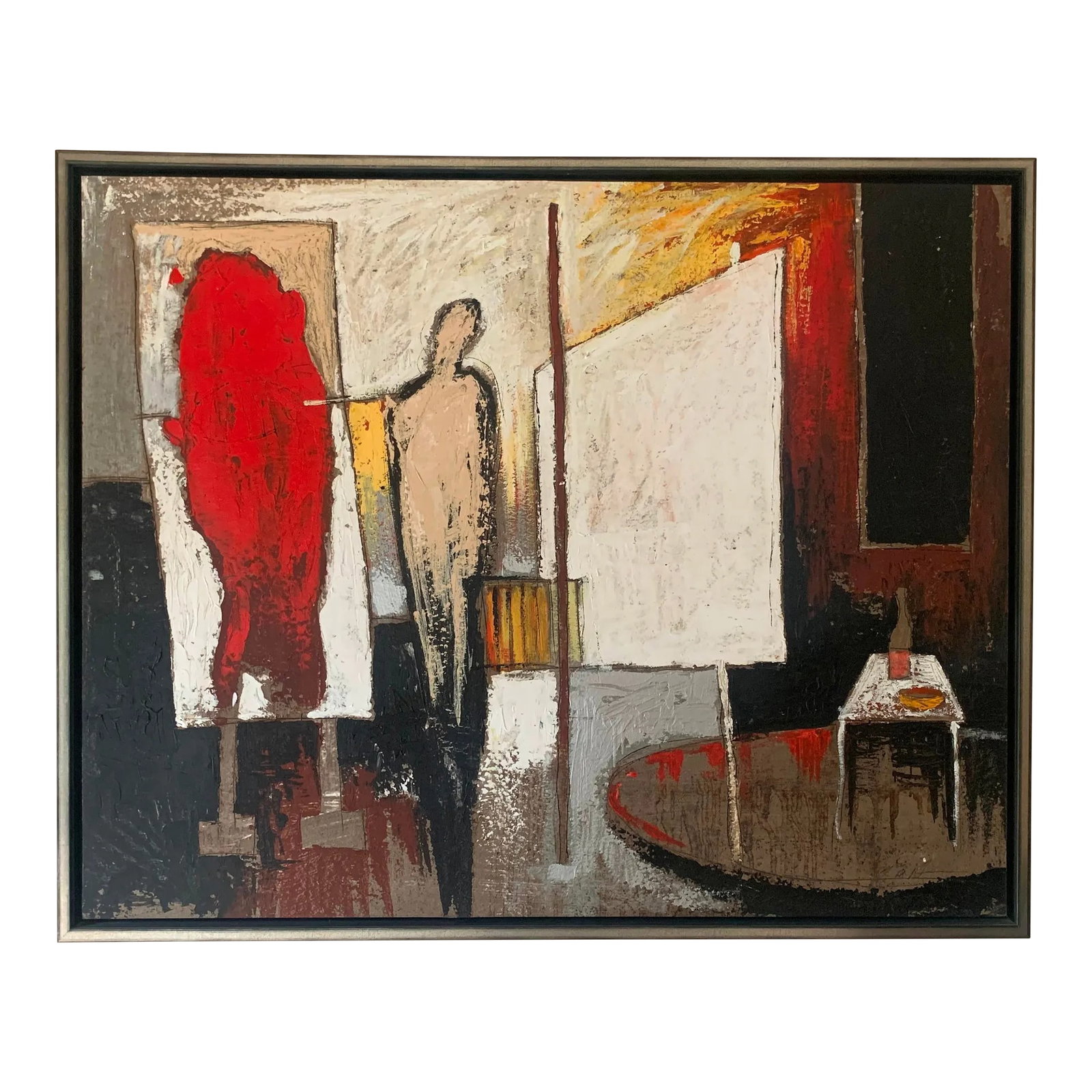 2000s Robert Robinson Modern Abstract Oil Painting: Robert Robinson (Born 1953) - "Artist Studio" signed framed original abstract oil on heavy paper painting. Subject depicts abstracted shapes in hues of yellow, black, and red. Framed in silver box fra
