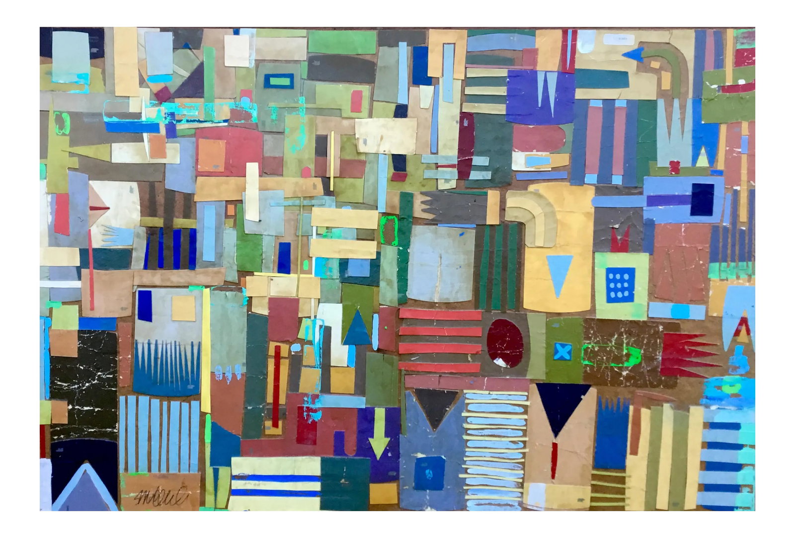 Cut Up Behr Paint Color Samples, Original Collage: Collage on wood panel. Made of cut out samples from behr paint. 1.5 inches thick by 24x36" clear coated twice with Madge podge and applied with wood glue. Rustic loose. Condition: Imperfections: No Im
