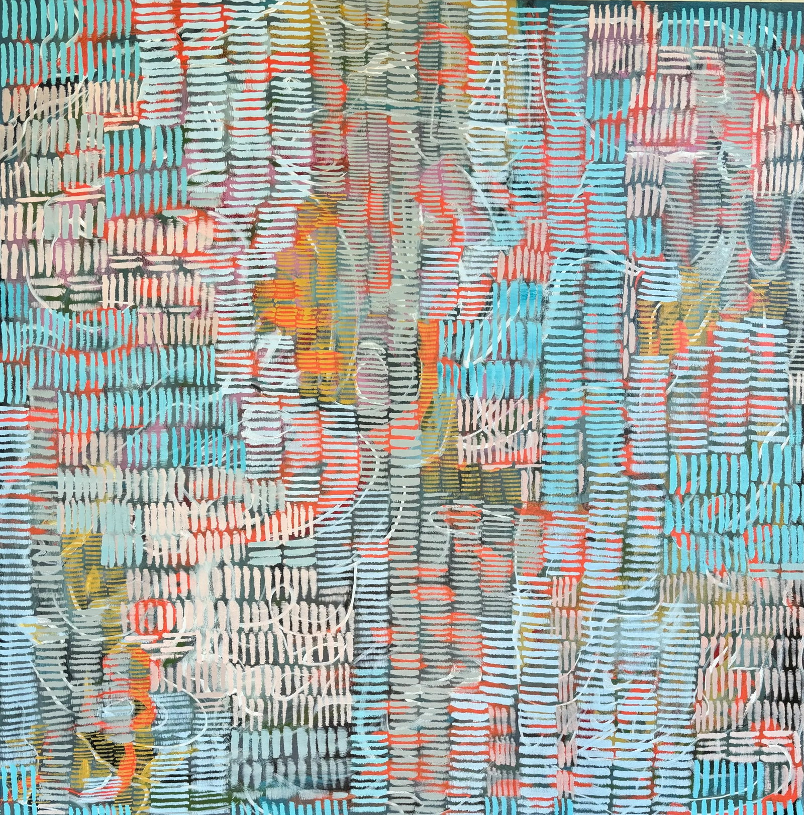 "Woven Signals" Original Acrylic Painting, Contemporary Geometric Abstraction by Linda McDonough: "Woven Signals" is a mesmerizing visual tapestry composed of rhythmic marks and layered grids that pulse with movement and complexity. The surface is alive with methodical brushstrokes in vibrant cora
