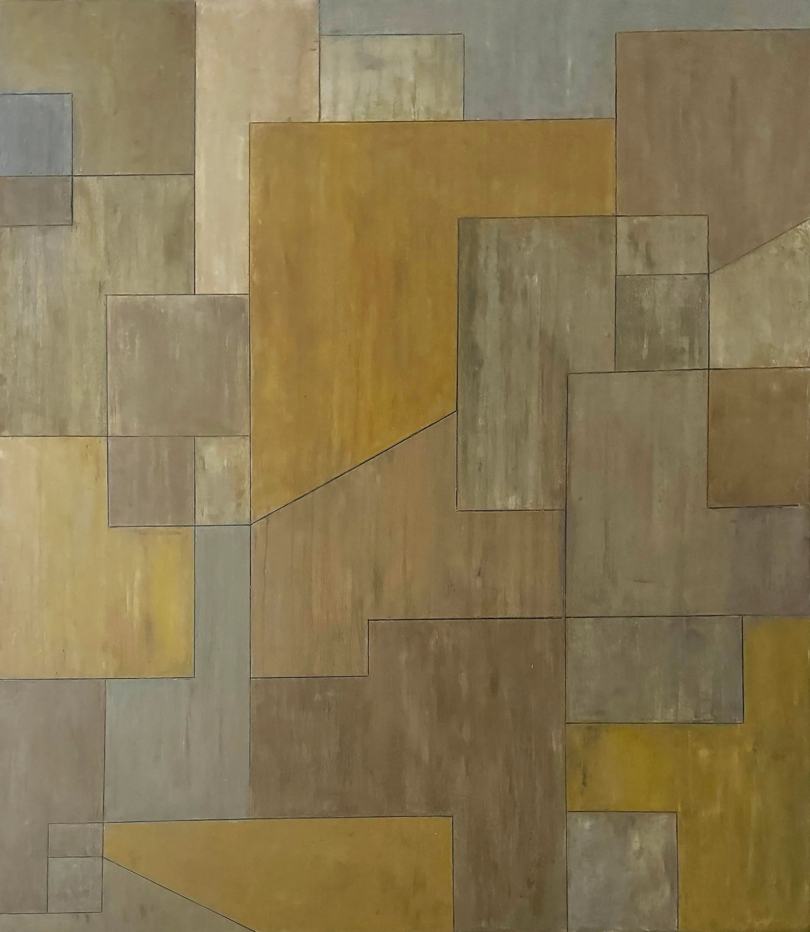 Contemporary Geometric Oil and Cold Wax Painting Earth Tones by Stephen Cimini: The use of golden rectangles as a structural guide provides a captivating framework for the composition, imbuing it with a sense of balance and proportion. The incorporation of natural earth colors