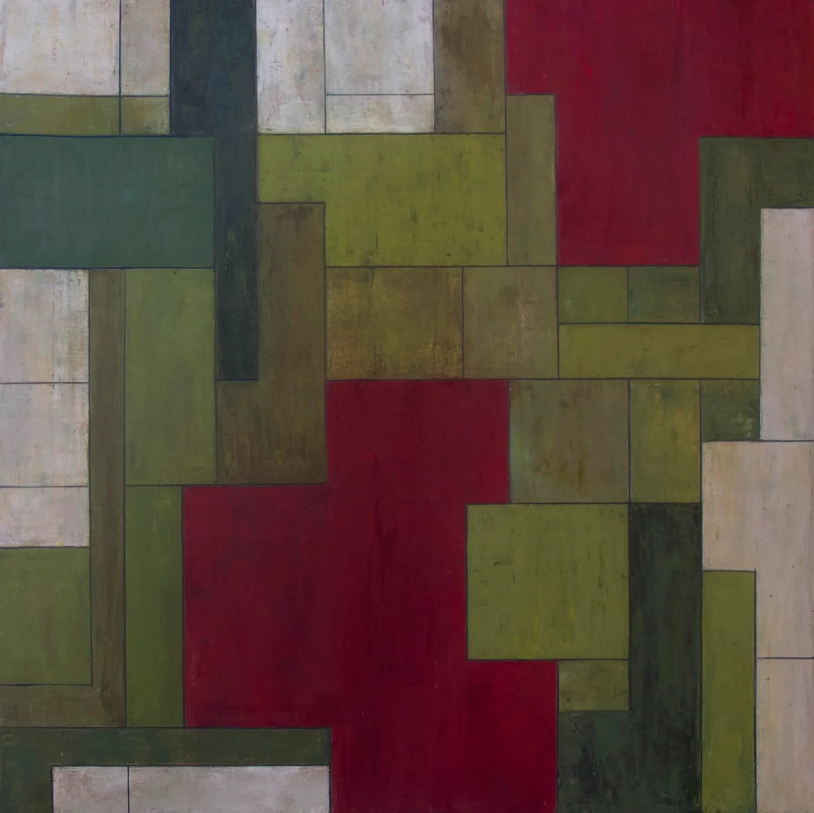 Green Chile Tango - Abstract Geometric Painting by Stephen Cimini: From the 2016 exhibition, DIVINING THE SPACE, breaking up the spaces with neutral tones giving giving a lively rhythm to the colorful geometirc shapes. Oil paint, cold wax medium and marble dust on 2