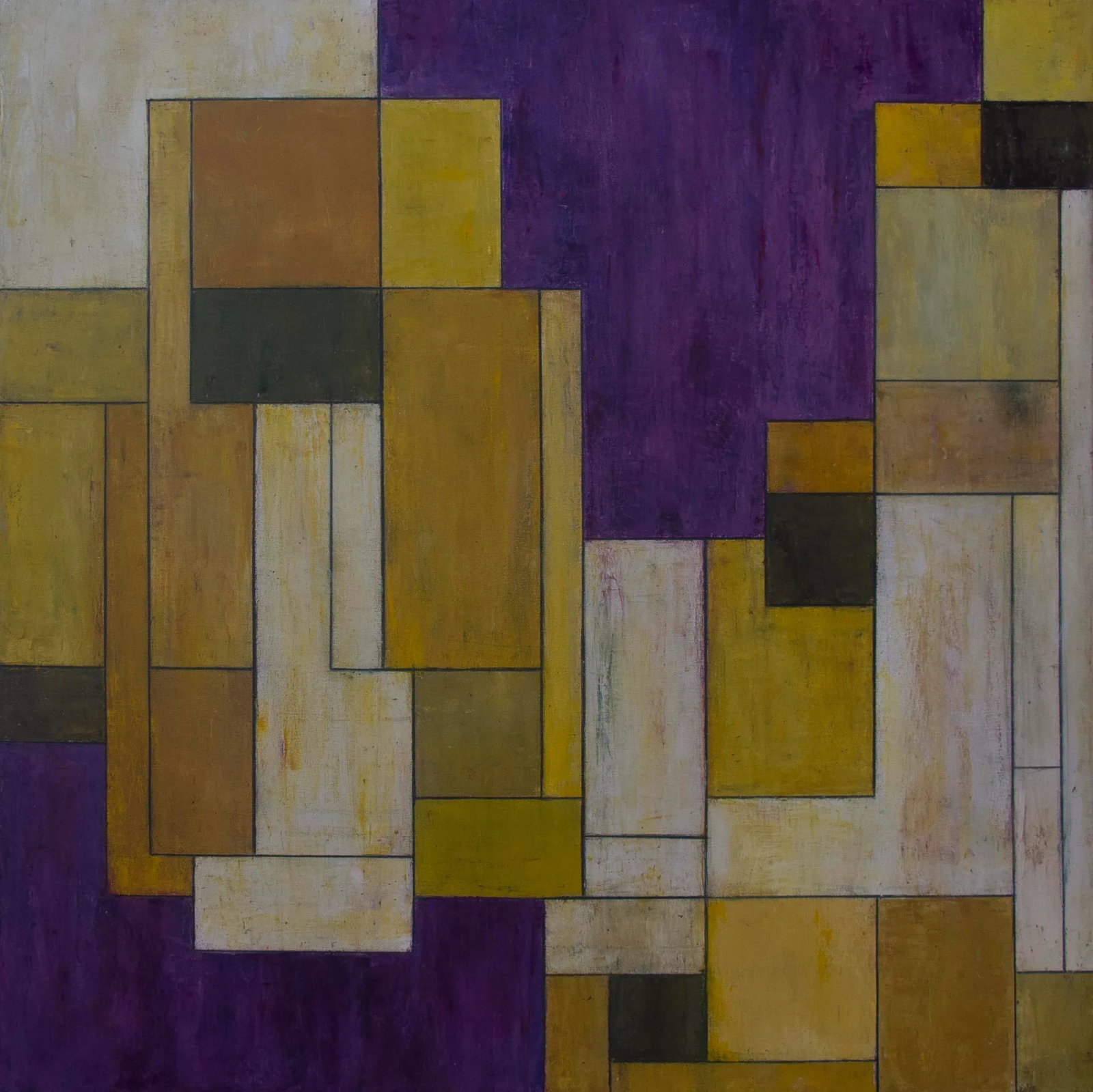 Contemporary Abstract Geometric Painting: From the 2016 exhibition, DIVINING THE SPACE, breaking up the spaces with neutral tones giving giving a lively rhythm to the colorful geometirc shapes. Oil paint, cold wax medium and marble dust on 2