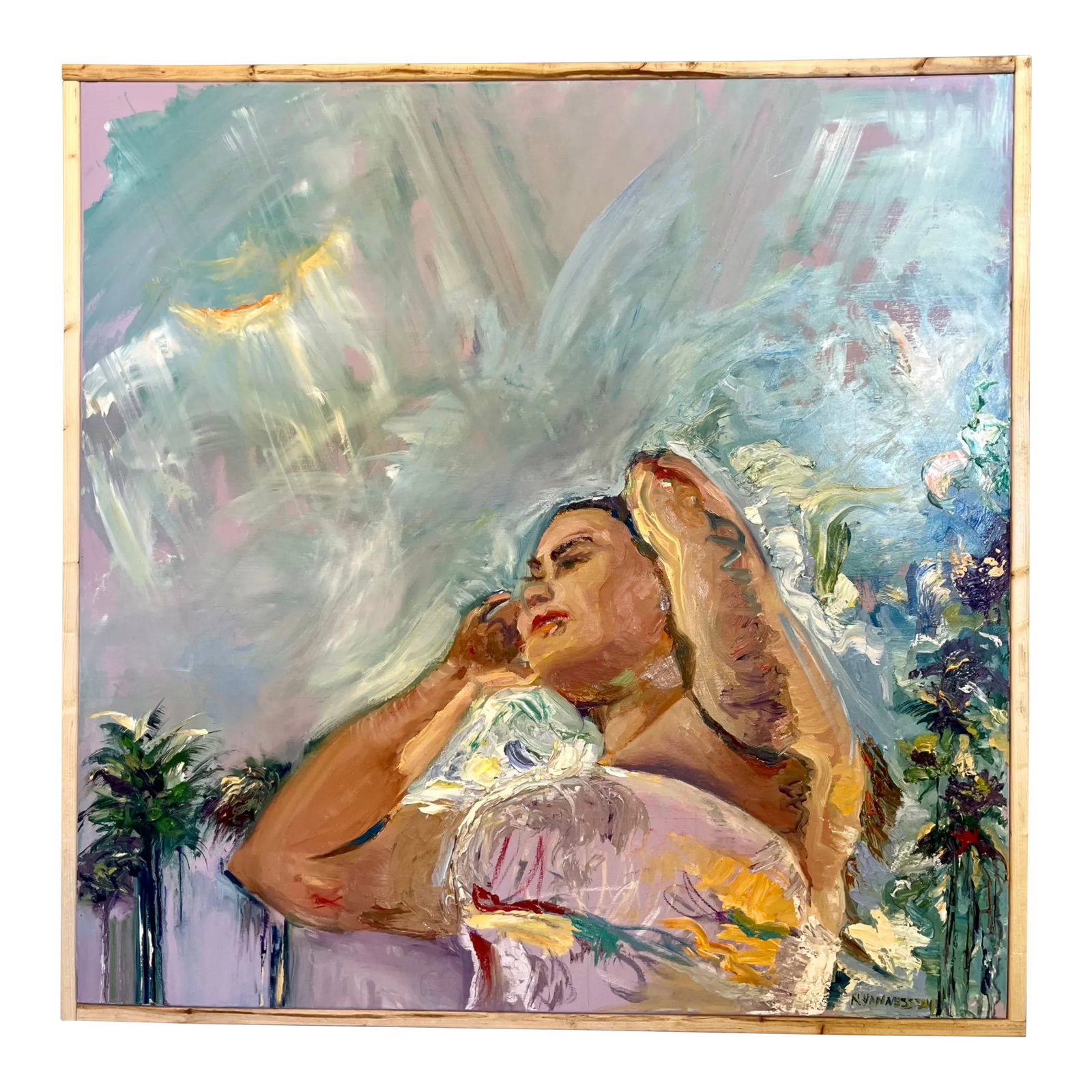'Hello Sunshine', Original Oil Painting, Wood Framed, Beachy Arts: Original oil painting, impressionism style. Figure art. Light airy. One of one. Framed w natural wood. Overall size is 37"x37"x2" A young woman walking on sunshine. A radiant and uplifting oil paintin