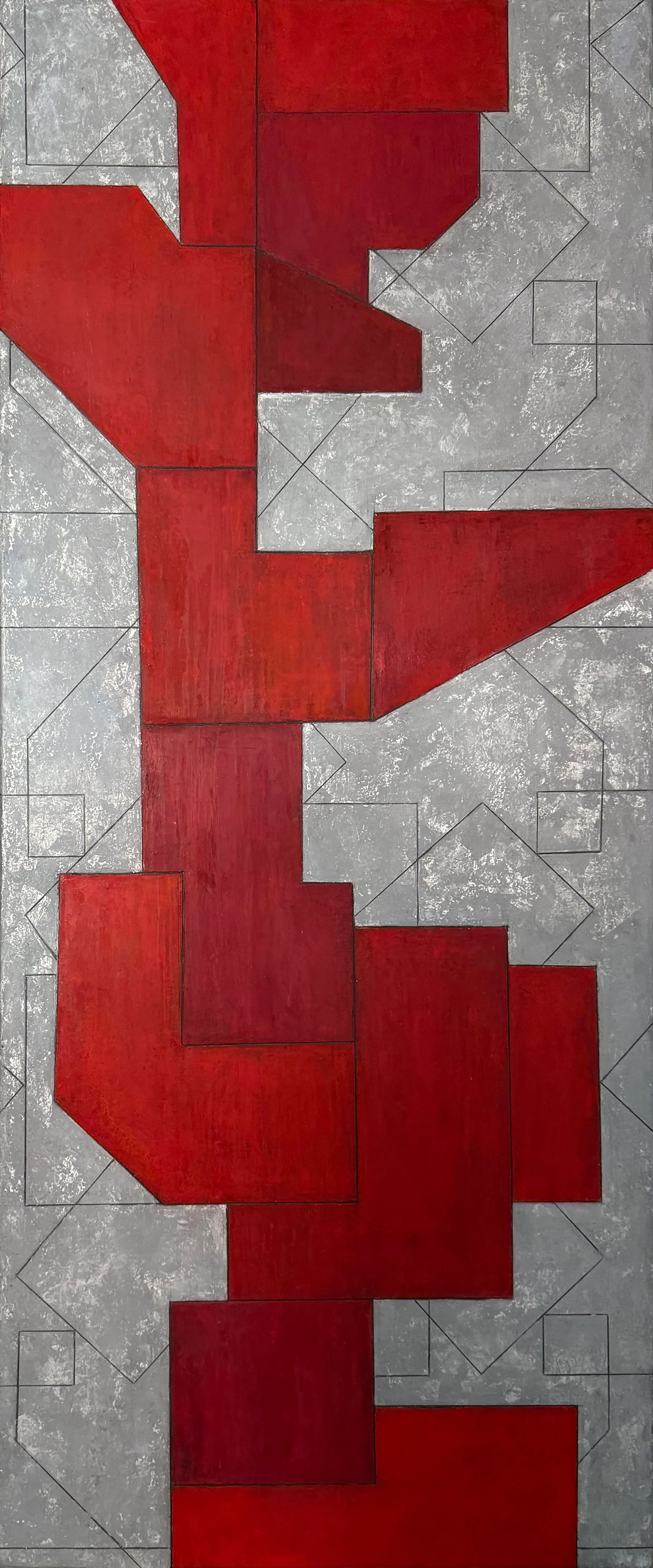 Contemporary Large Vertical Geometric Abstract Red Silver Leaf by Stephen Cimini: A striking 6 foot tall geometric shape realized in various shades/tones of red graced with a silver leaf backgound Oil paint, cold wax medium, marble dust and silver leaf on 2-inch deep gallery